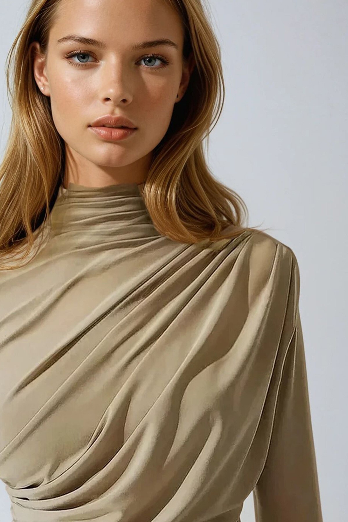 Koyu Bej Yarım Balıkçı Drape Detaylı Sandy Bluz