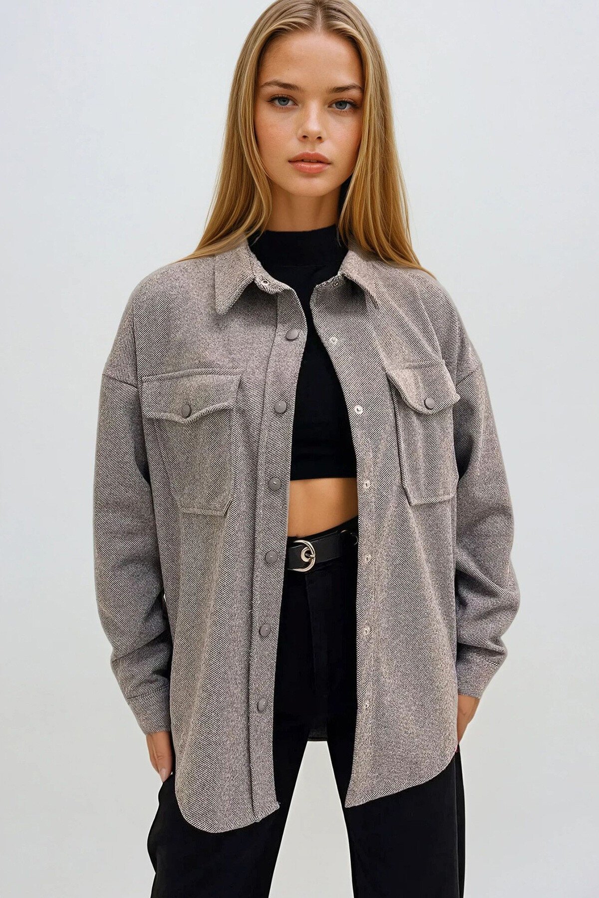 Koyu Gri Çift Cepli Çıt Çıt Kapamalı Oversize Ceket