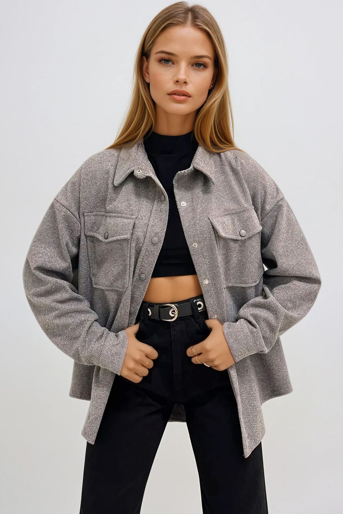 Koyu Gri Çift Cepli Çıt Çıt Kapamalı Oversize Ceket