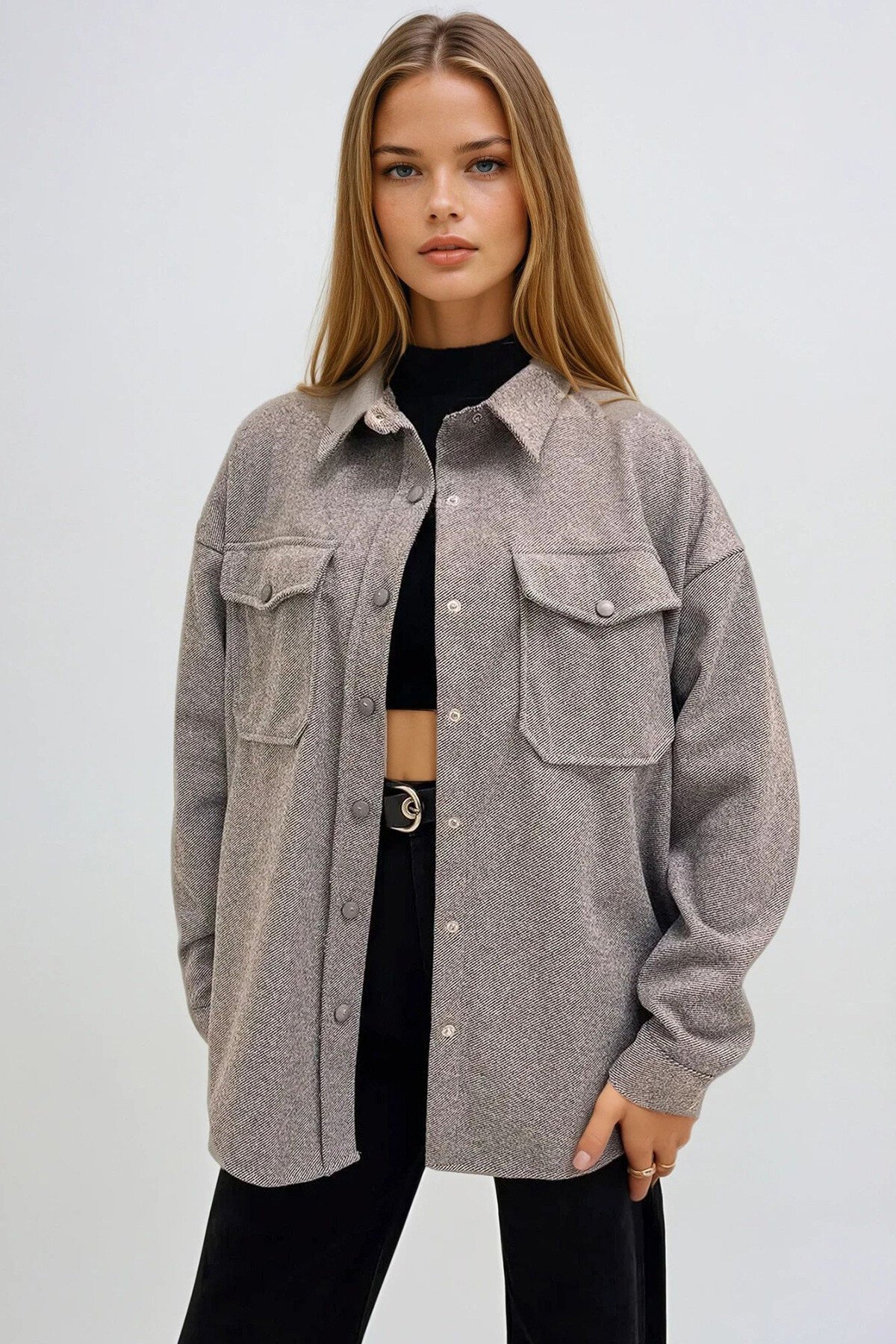 Koyu Gri Çift Cepli Çıt Çıt Kapamalı Oversize Ceket