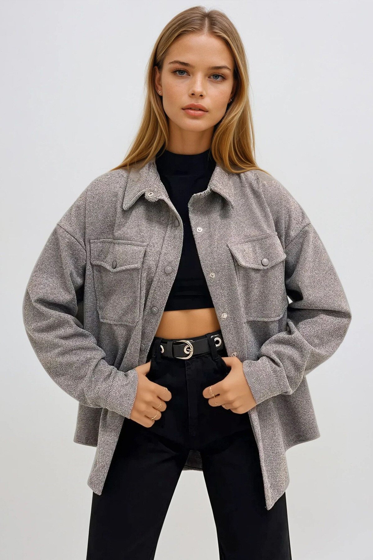 Koyu Gri Çift Cepli Çıt Çıt Kapamalı Oversize Ceket