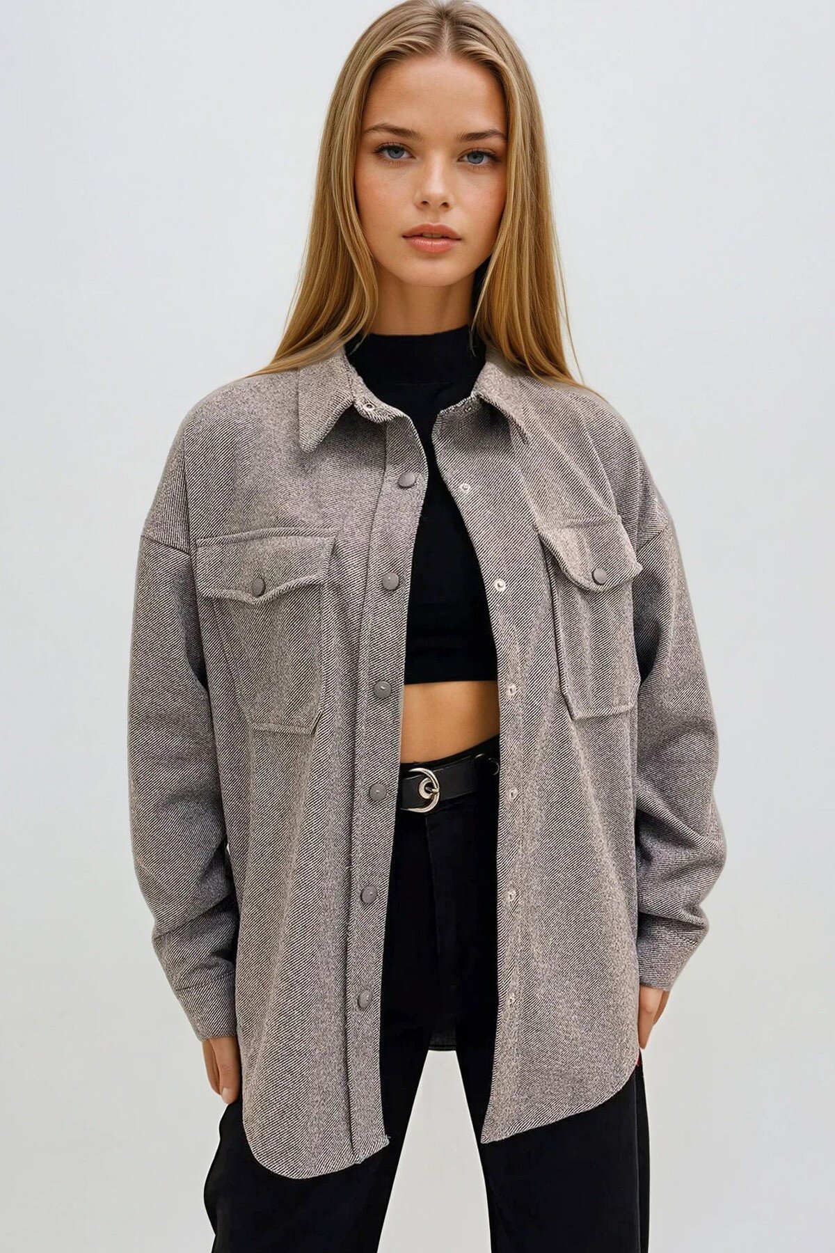 Koyu Gri Çift Cepli Çıt Çıt Kapamalı Oversize Ceket