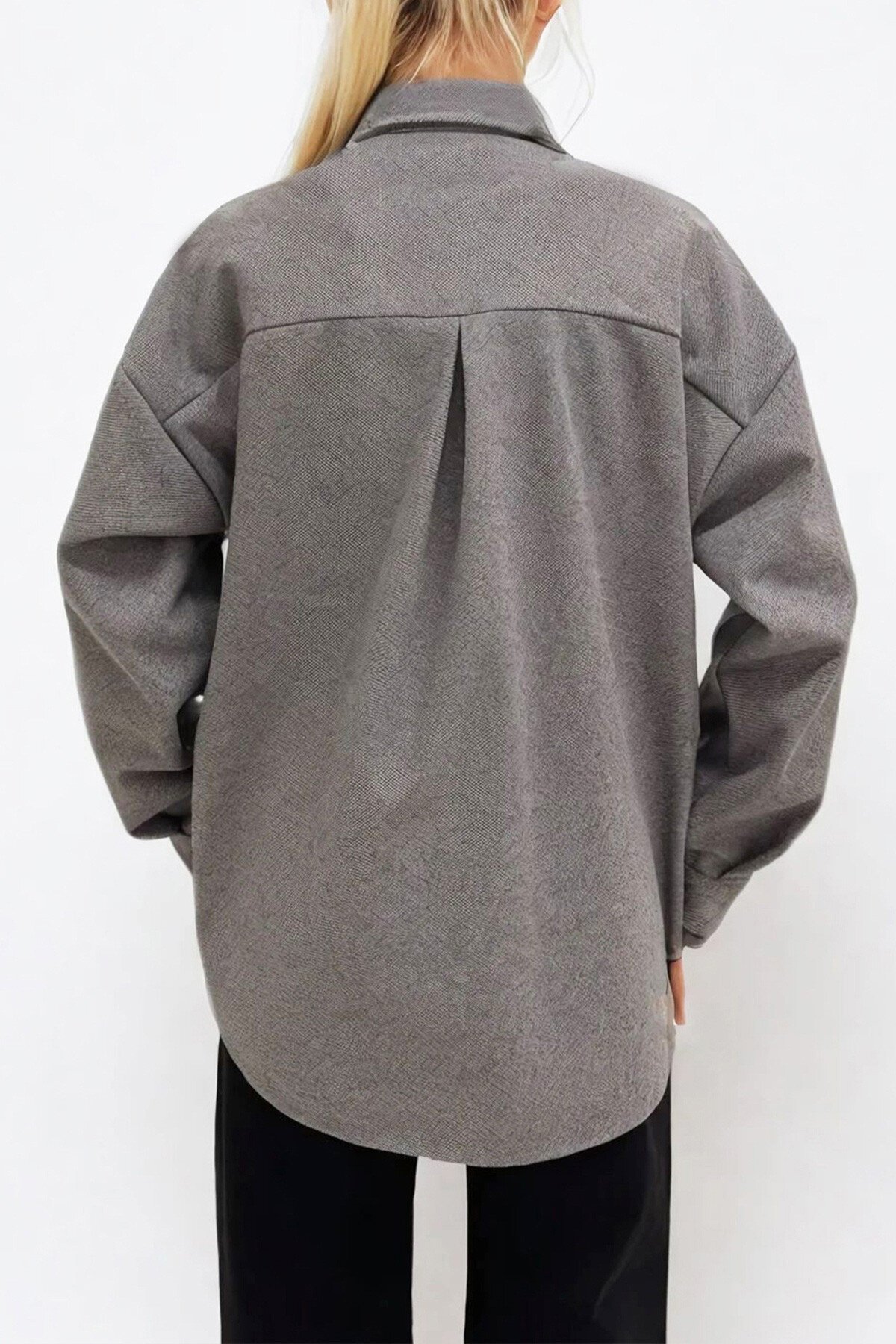 Koyu Gri Çift Cepli Çıt Çıt Kapamalı Oversize Ceket