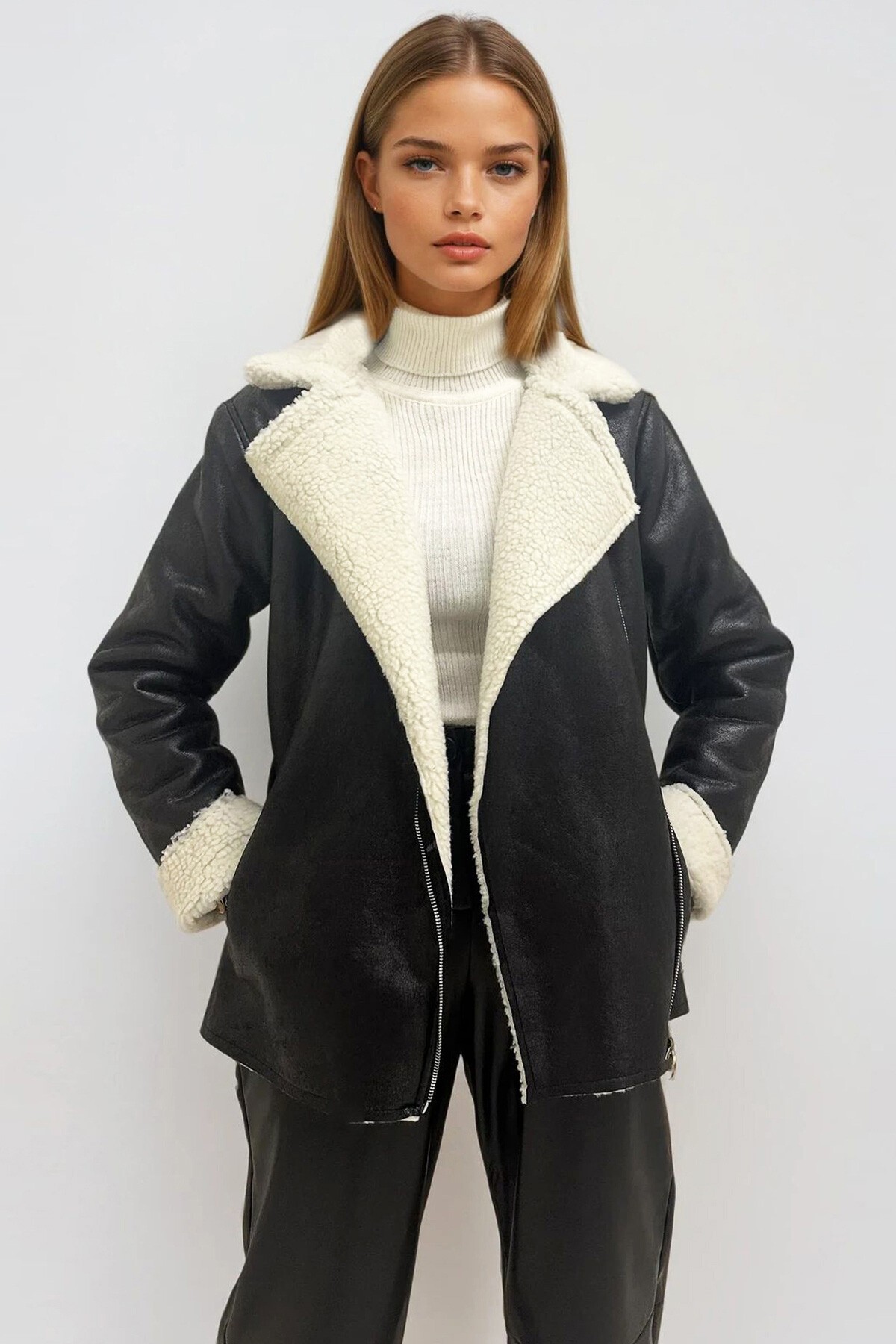 Koyu Gri Çift Cepli İçi Suni Kürklü Suni Deri Biker Ceket