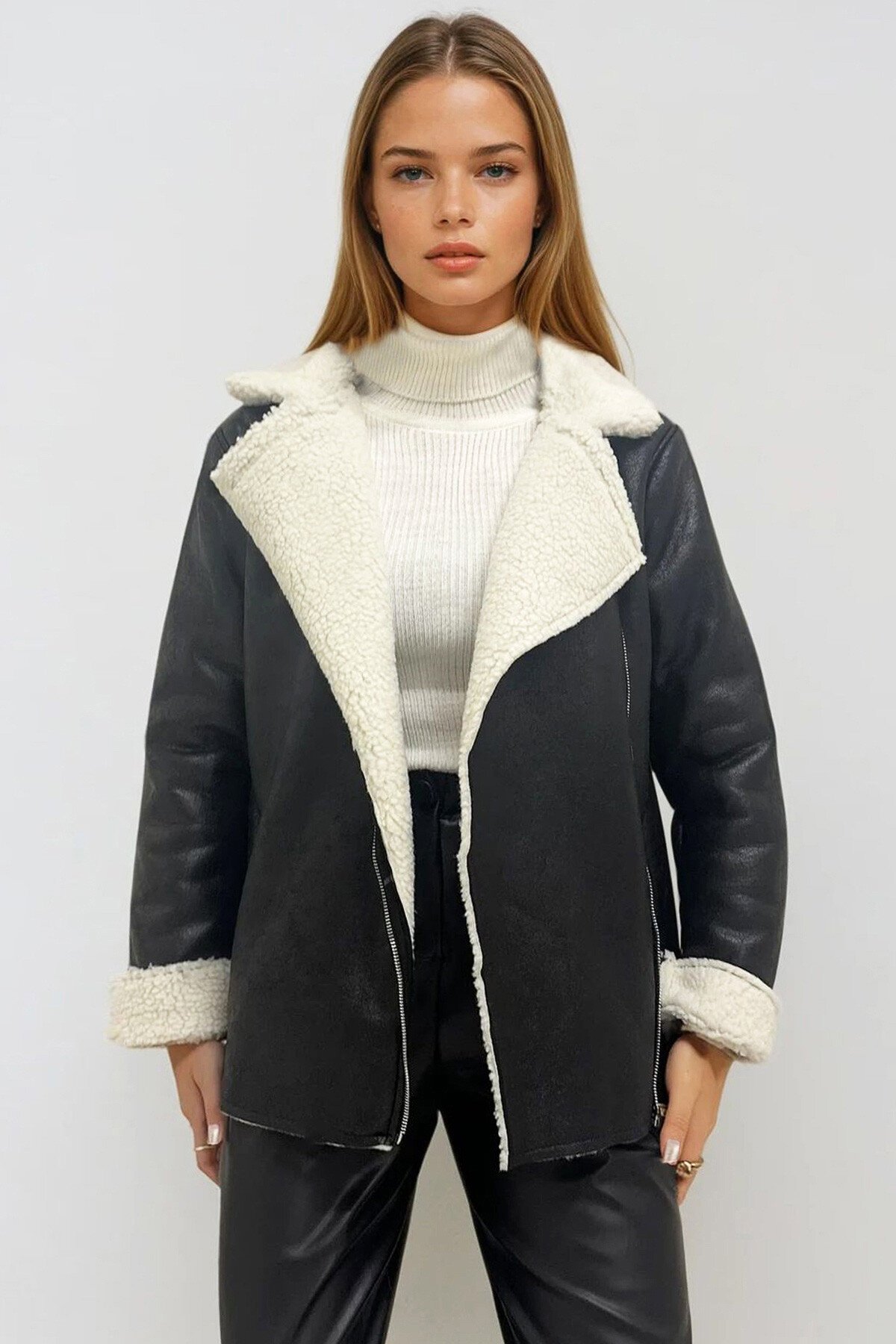Koyu Gri Çift Cepli İçi Suni Kürklü Suni Deri Biker Ceket