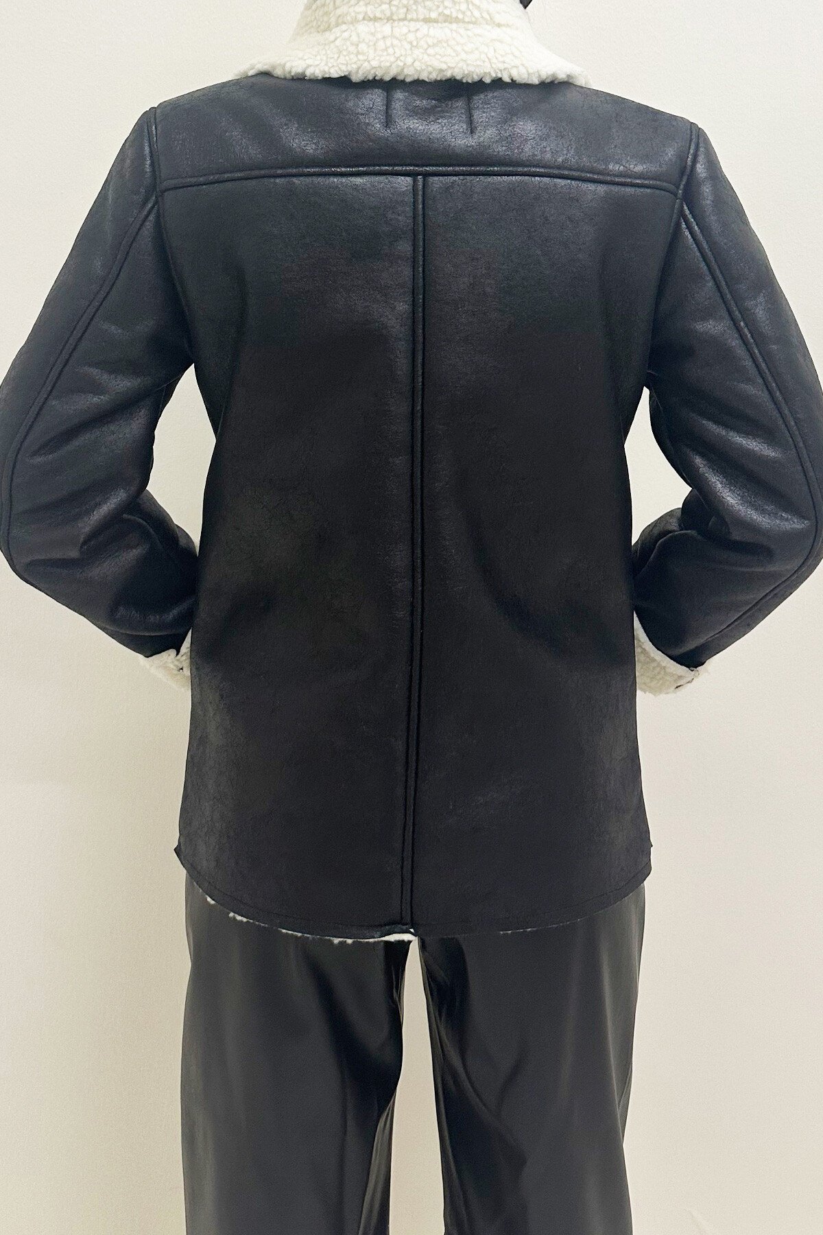 Koyu Gri Çift Cepli İçi Suni Kürklü Suni Deri Biker Ceket