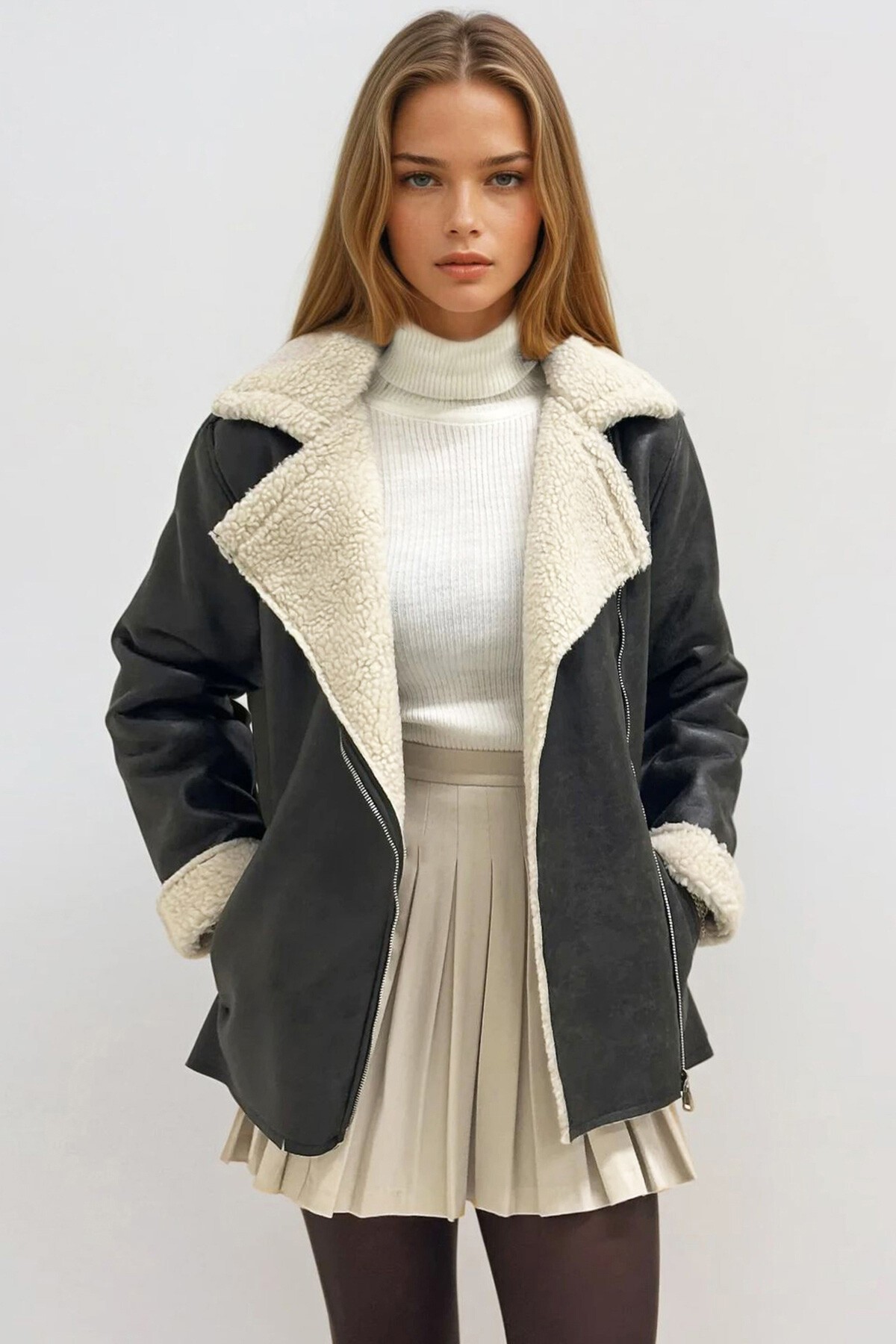 Koyu Haki Çift Cepli İçi Suni Kürklü Suni Deri Biker Ceket