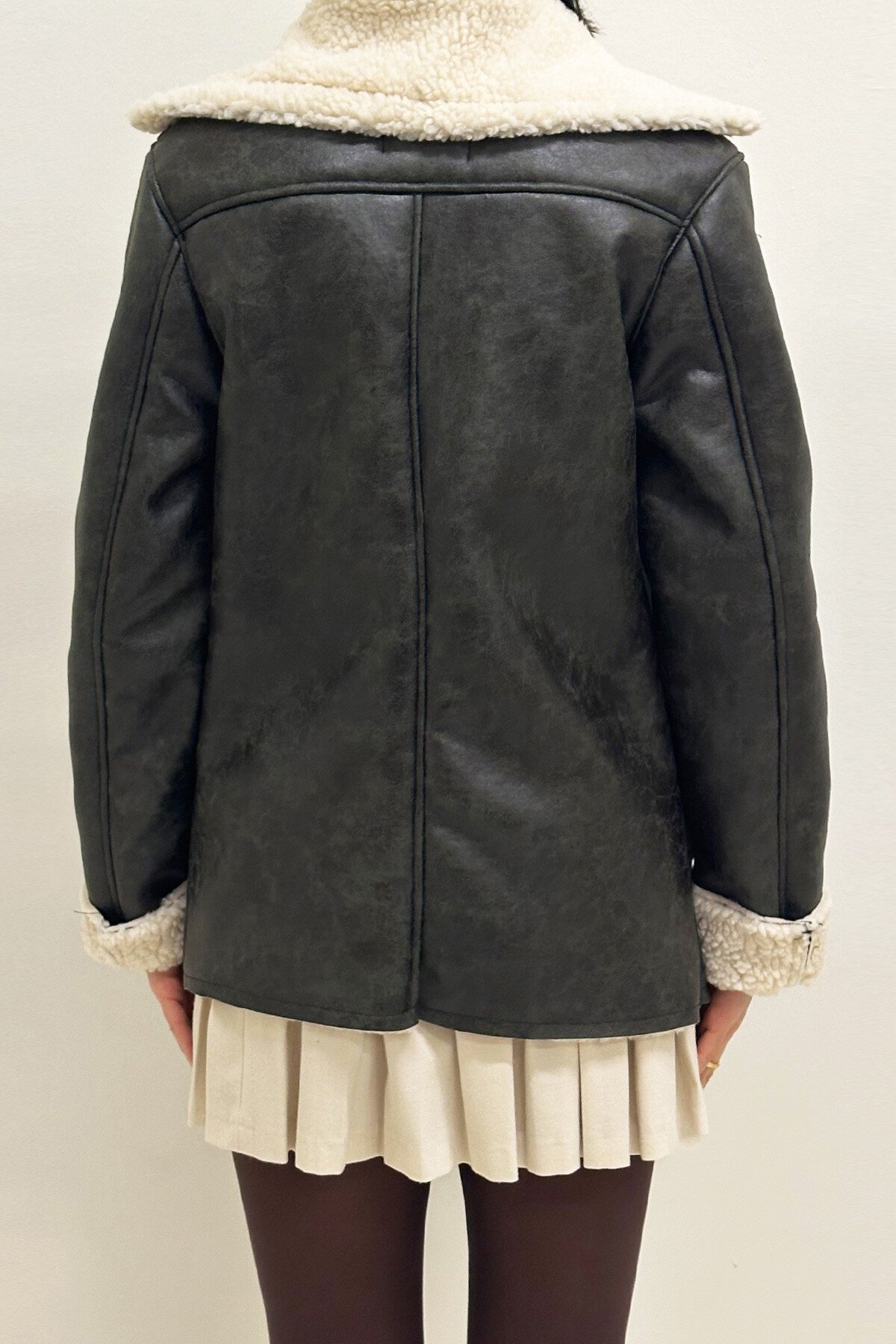 Koyu Haki Çift Cepli İçi Suni Kürklü Suni Deri Biker Ceket