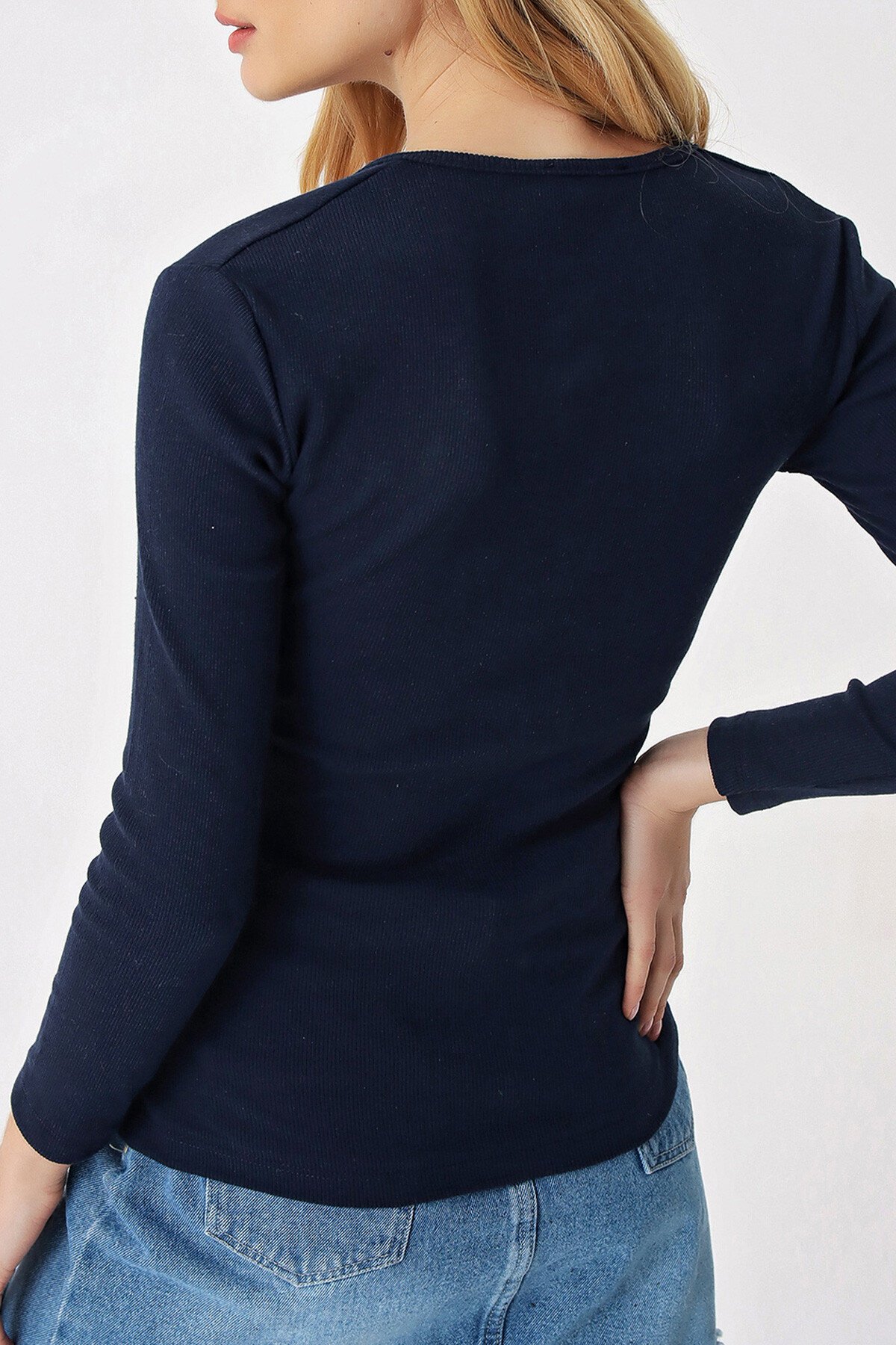 Koyu Lacivert Çıtçıtlı Zımparalı Kaşkorse Bluz
