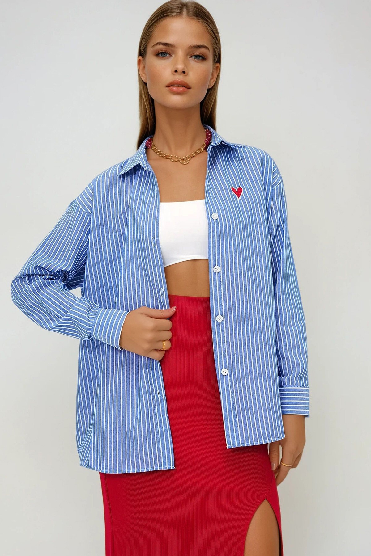 Koyu Mavi Kalp Nakışlı Çizgili Oversize Dokuma Gömlek