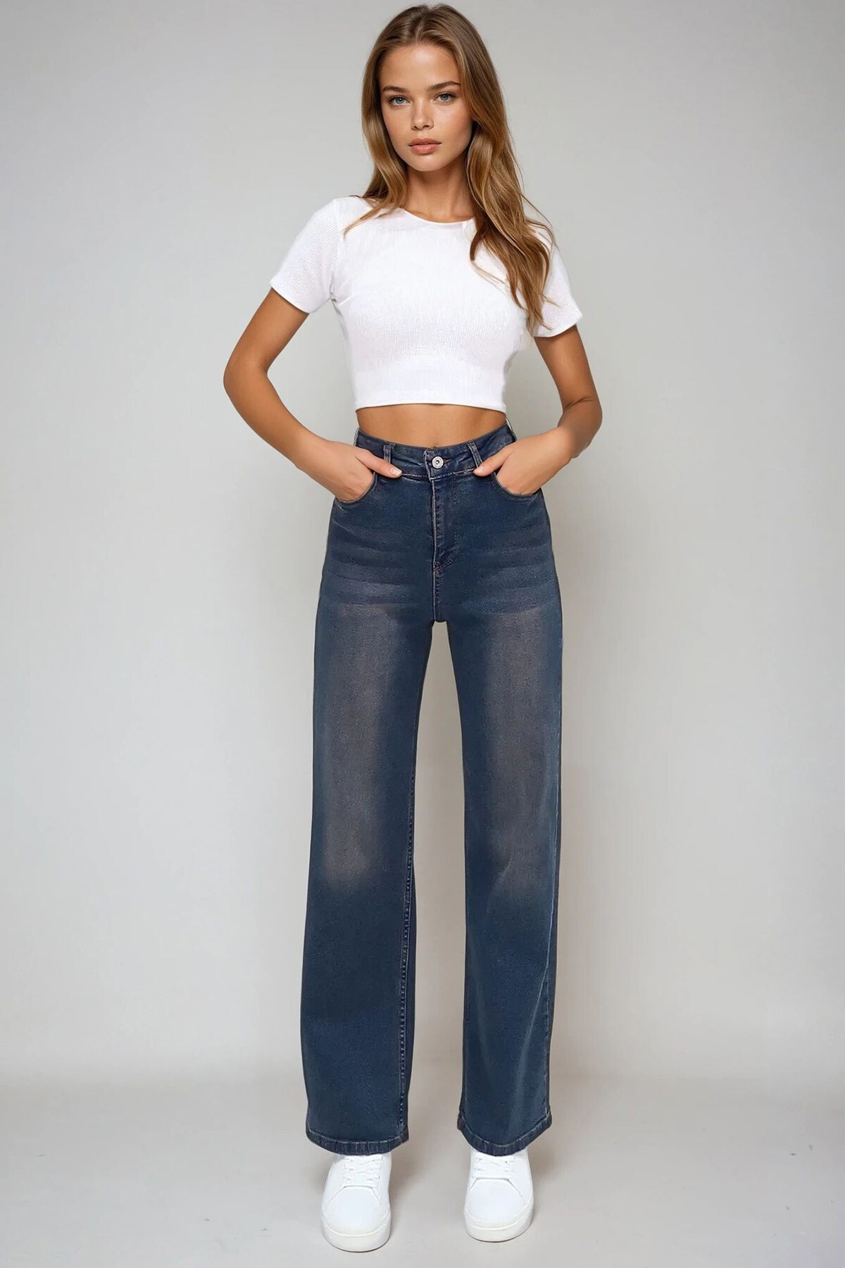 Koyu Mavi Vintage Yıkamalı Soluk Efektli Wide Leg Pantolon