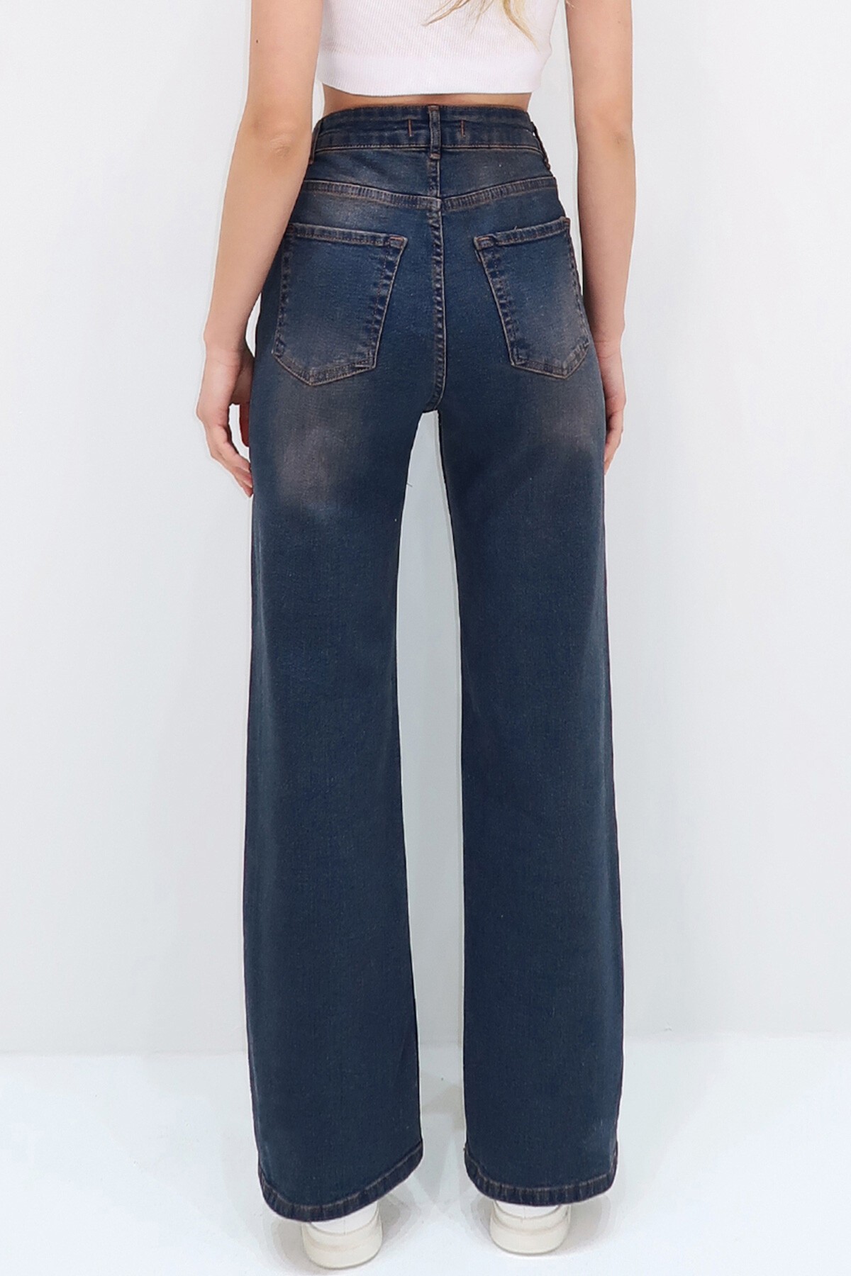 Koyu Mavi Vintage Yıkamalı Soluk Efektli Wide Leg Pantolon