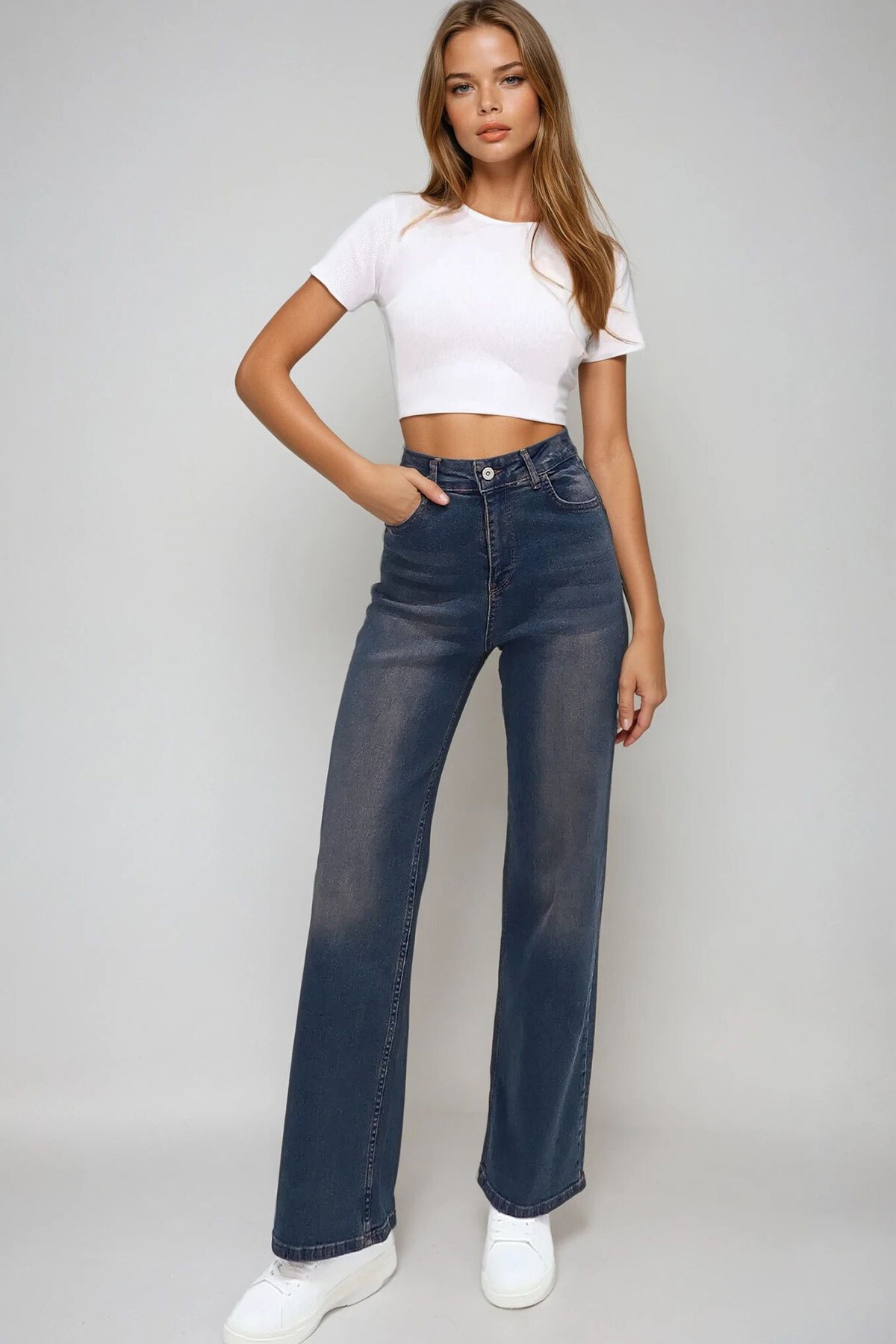 Koyu Mavi Vintage Yıkamalı Soluk Efektli Wide Leg Pantolon