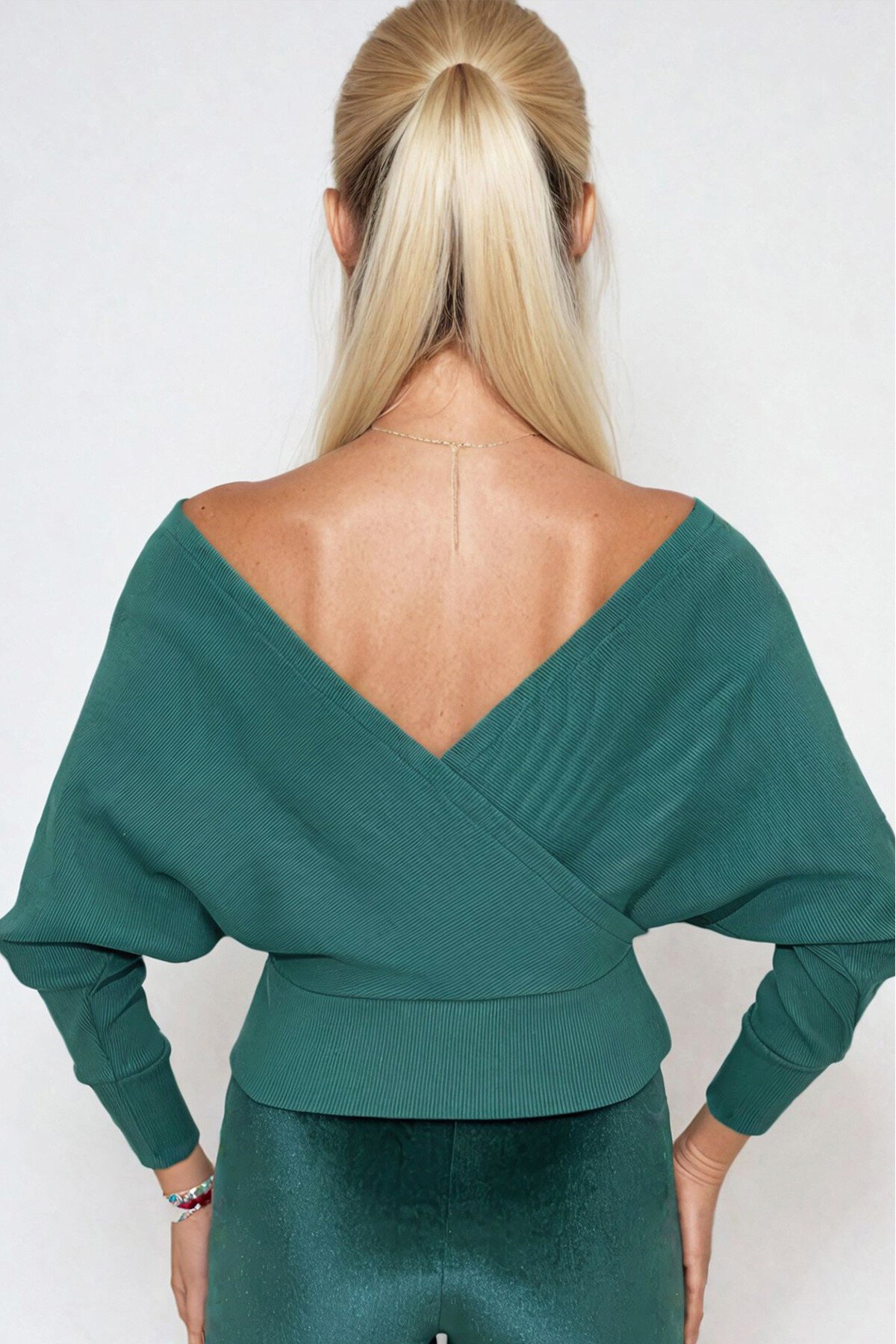 Koyu Yeşil Ön Arka V Yaka Kruvaze Bluz