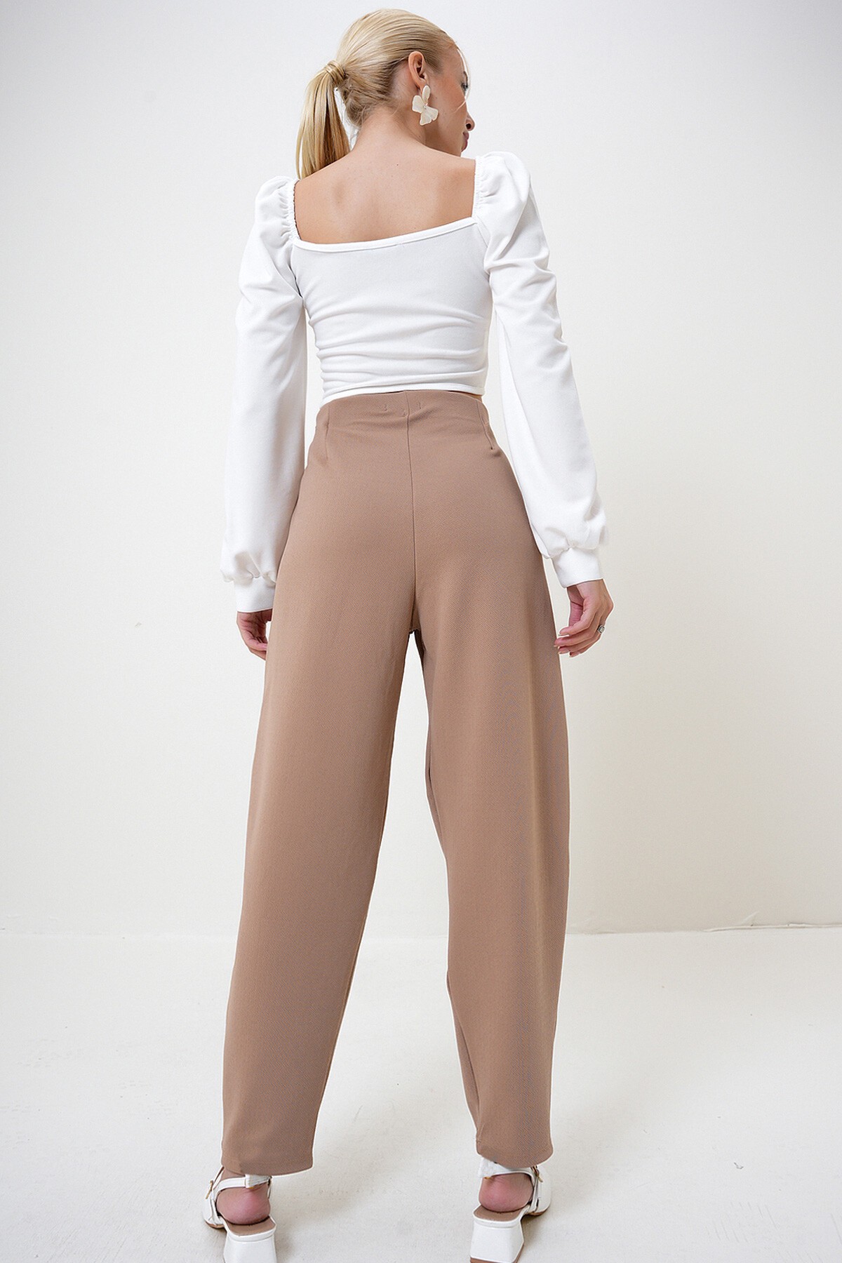 Koyubej Yüksek Bel Pensli Dökümlü Krep Örme Pantolon