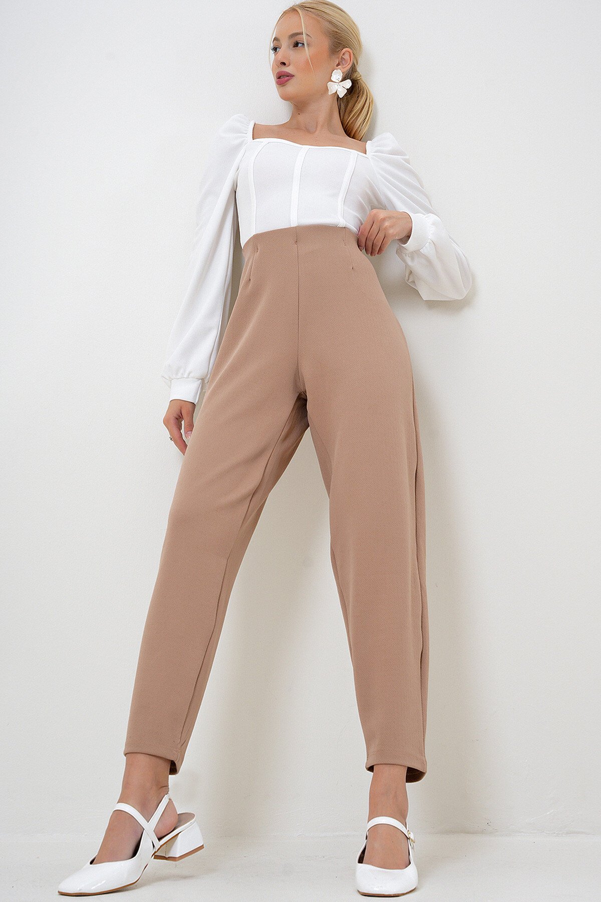 Koyubej Yüksek Bel Pensli Dökümlü Krep Örme Pantolon