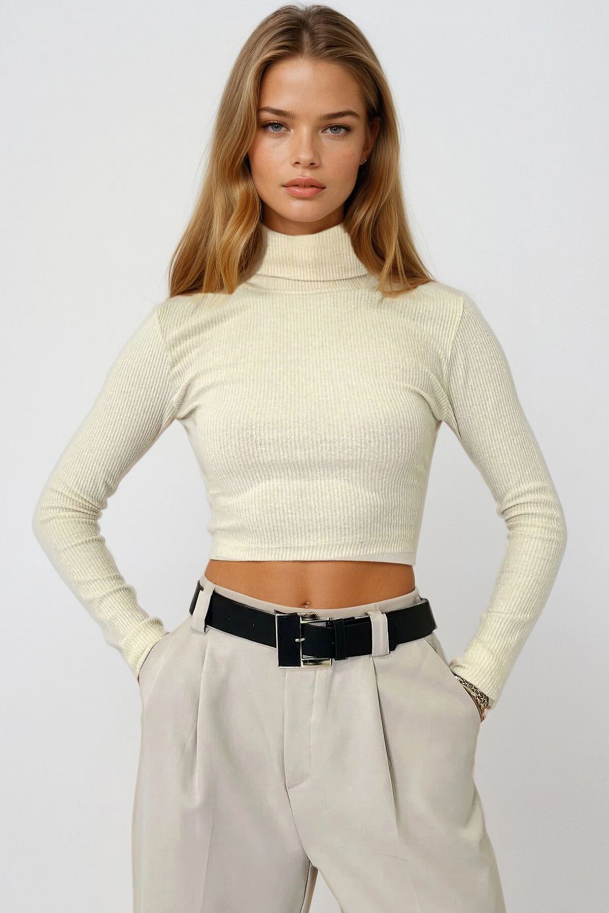 Krem Balıkçı Yaka Fitilli Basic Crop Body Bluz