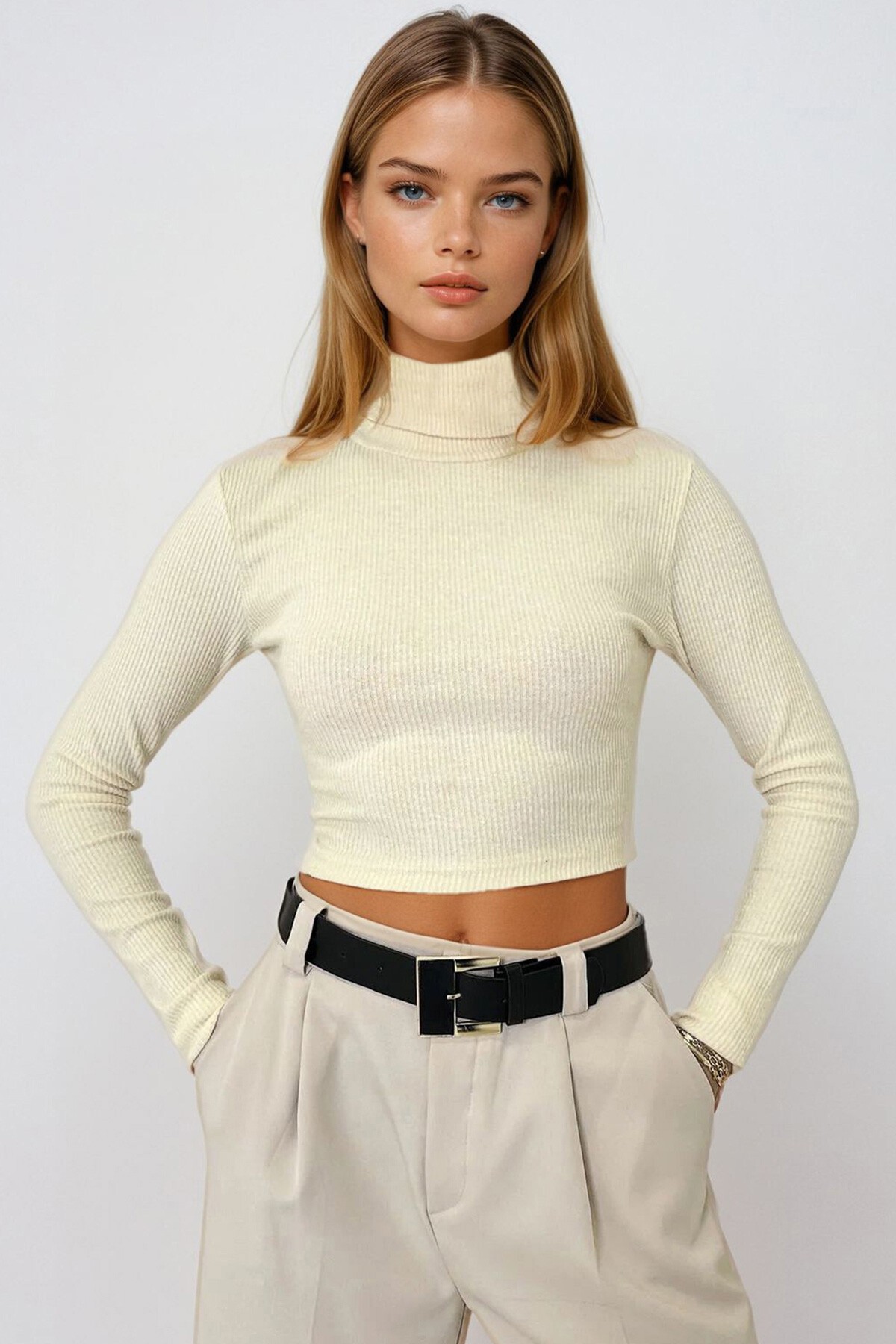 Krem Balıkçı Yaka Fitilli Basic Crop Body Bluz