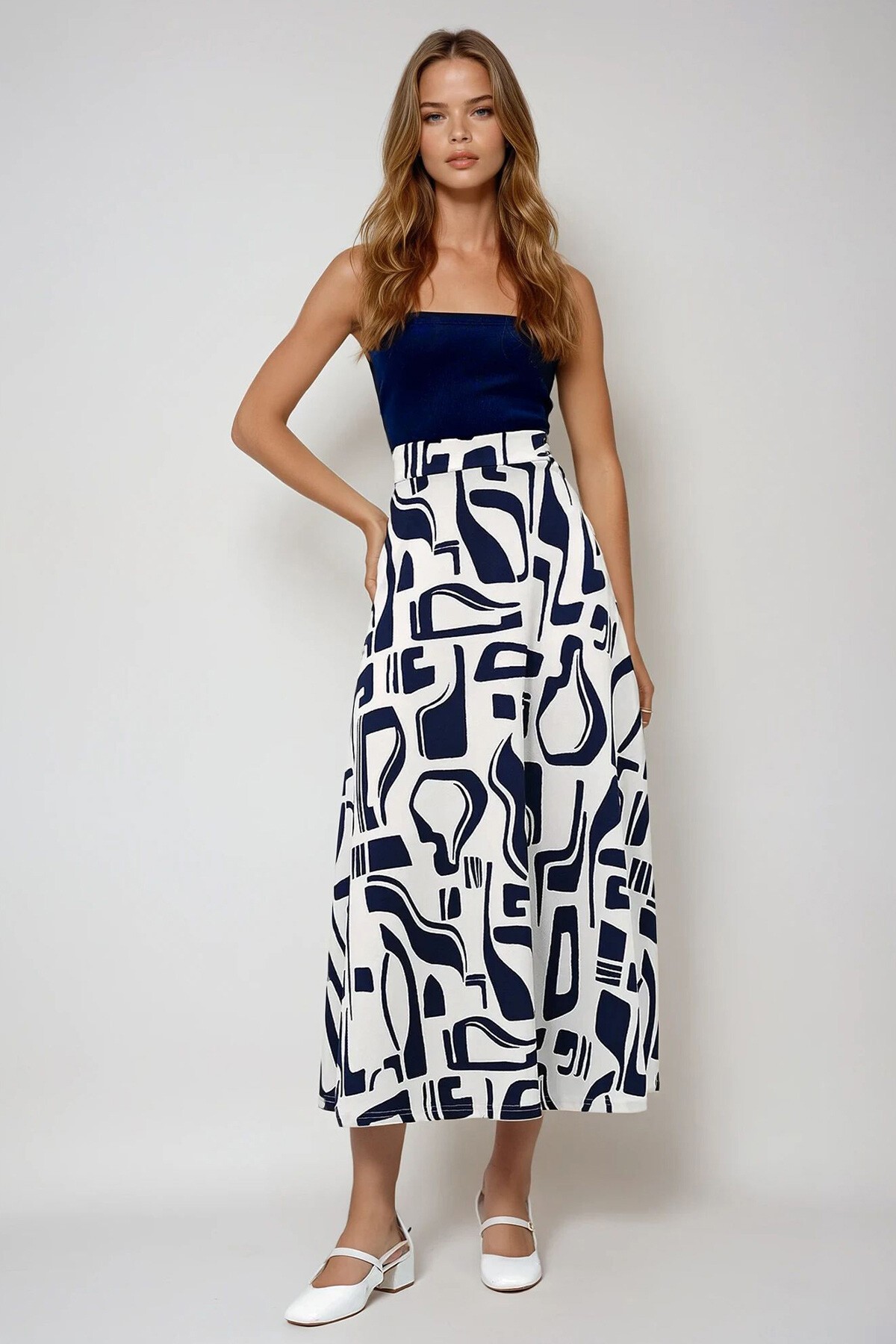 Lacivert Batik Desenli Beli Lastikli Rahat Kesim Etek