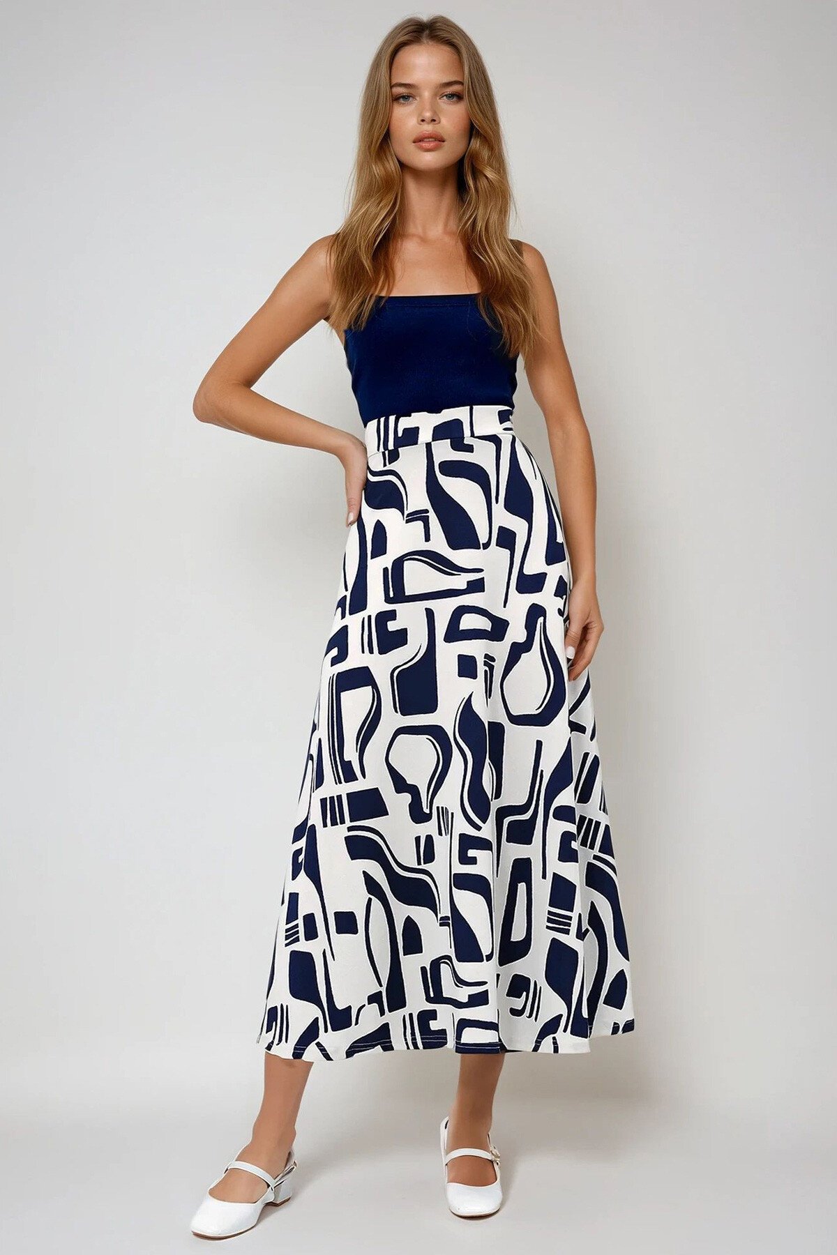 Lacivert Batik Desenli Beli Lastikli Rahat Kesim Etek