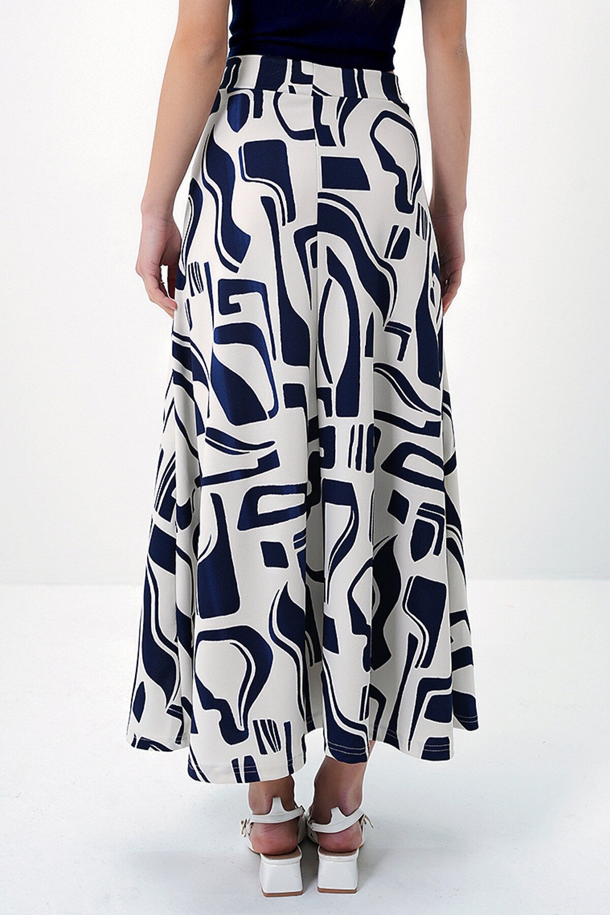 Lacivert Batik Desenli Beli Lastikli Rahat Kesim Etek