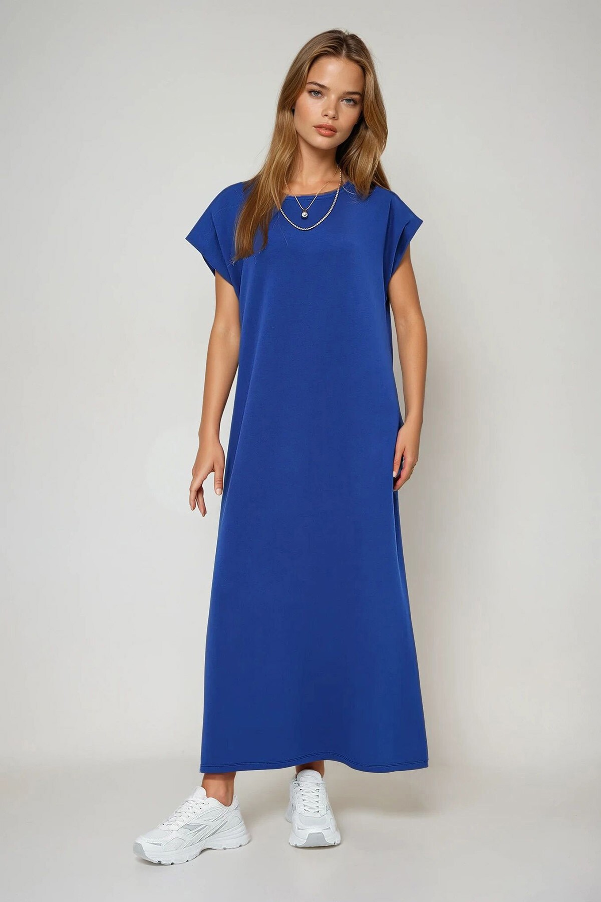 Lacivert Bisiklet Yaka Omuzları Vatkalı Örme Yazlık Elbise