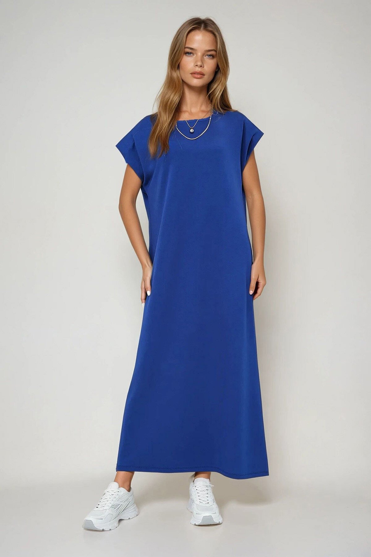 Lacivert Bisiklet Yaka Omuzları Vatkalı Örme Yazlık Elbise