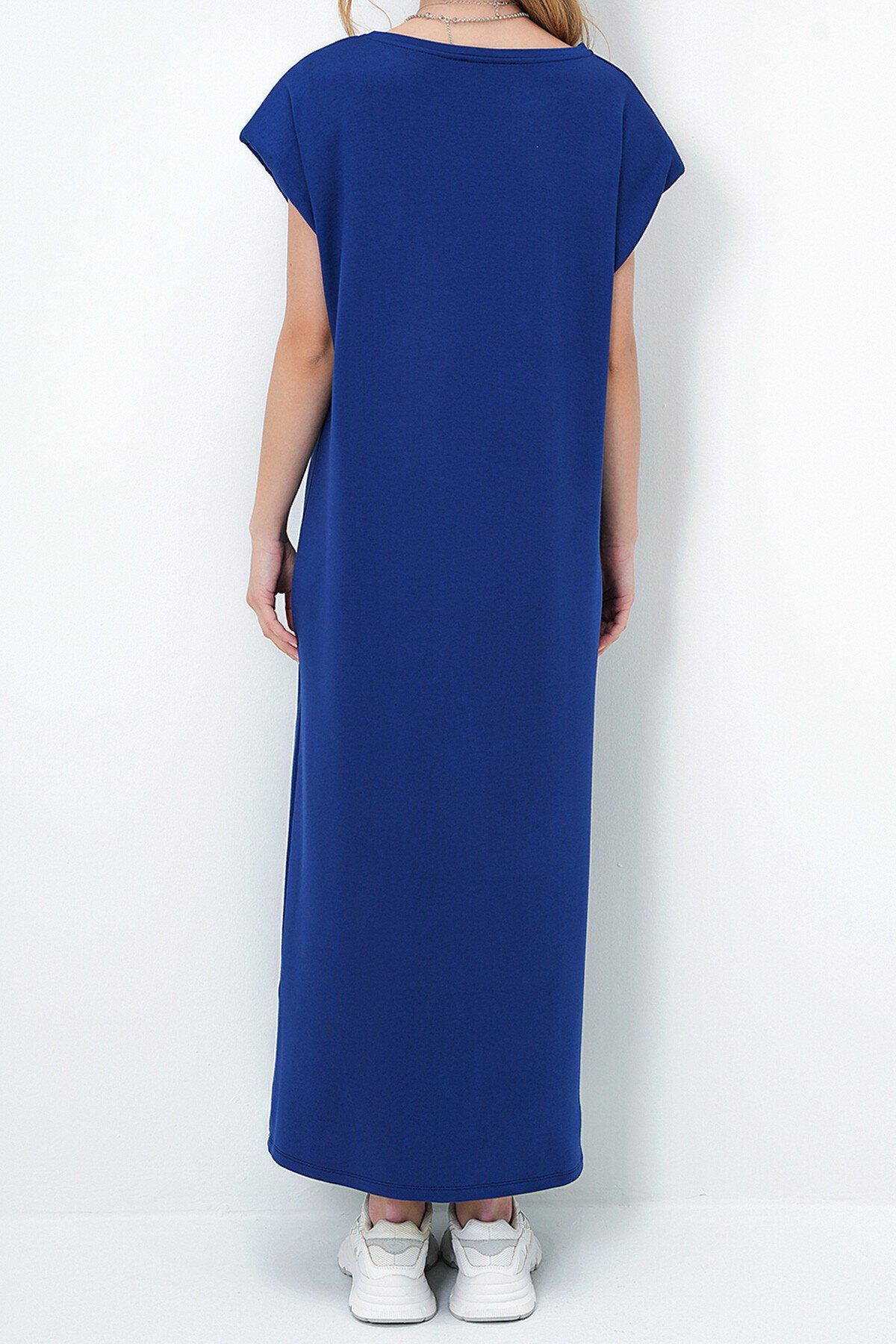 Lacivert Bisiklet Yaka Omuzları Vatkalı Örme Yazlık Elbise