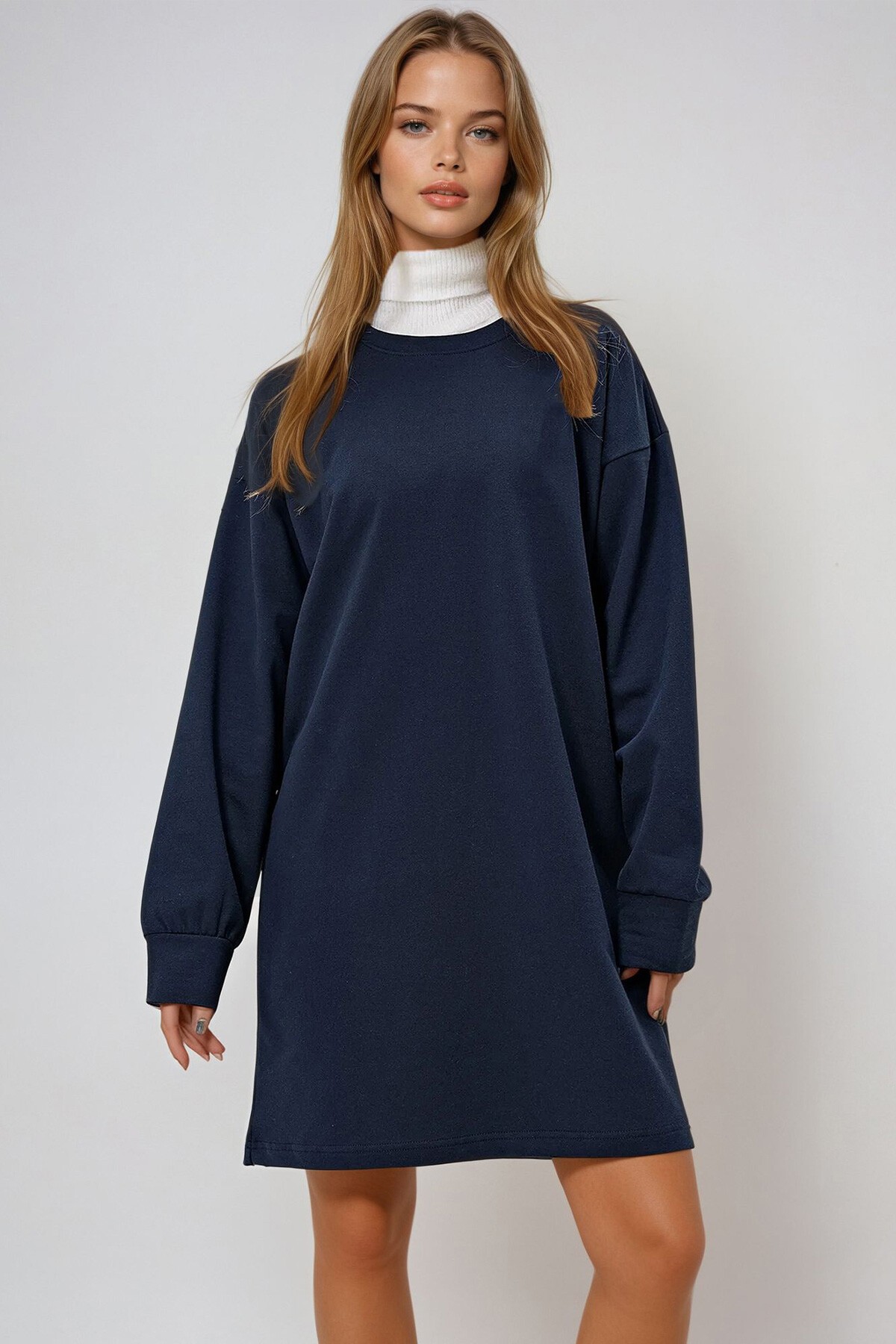 Lacivert Bisiklet Yaka Sweatshirt Elbise