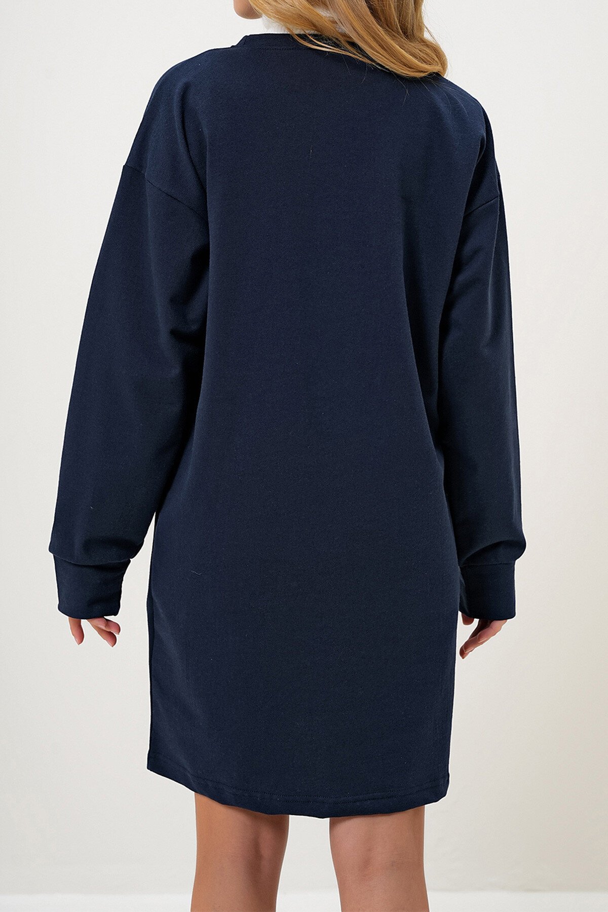 Lacivert Bisiklet Yaka Sweatshirt Elbise