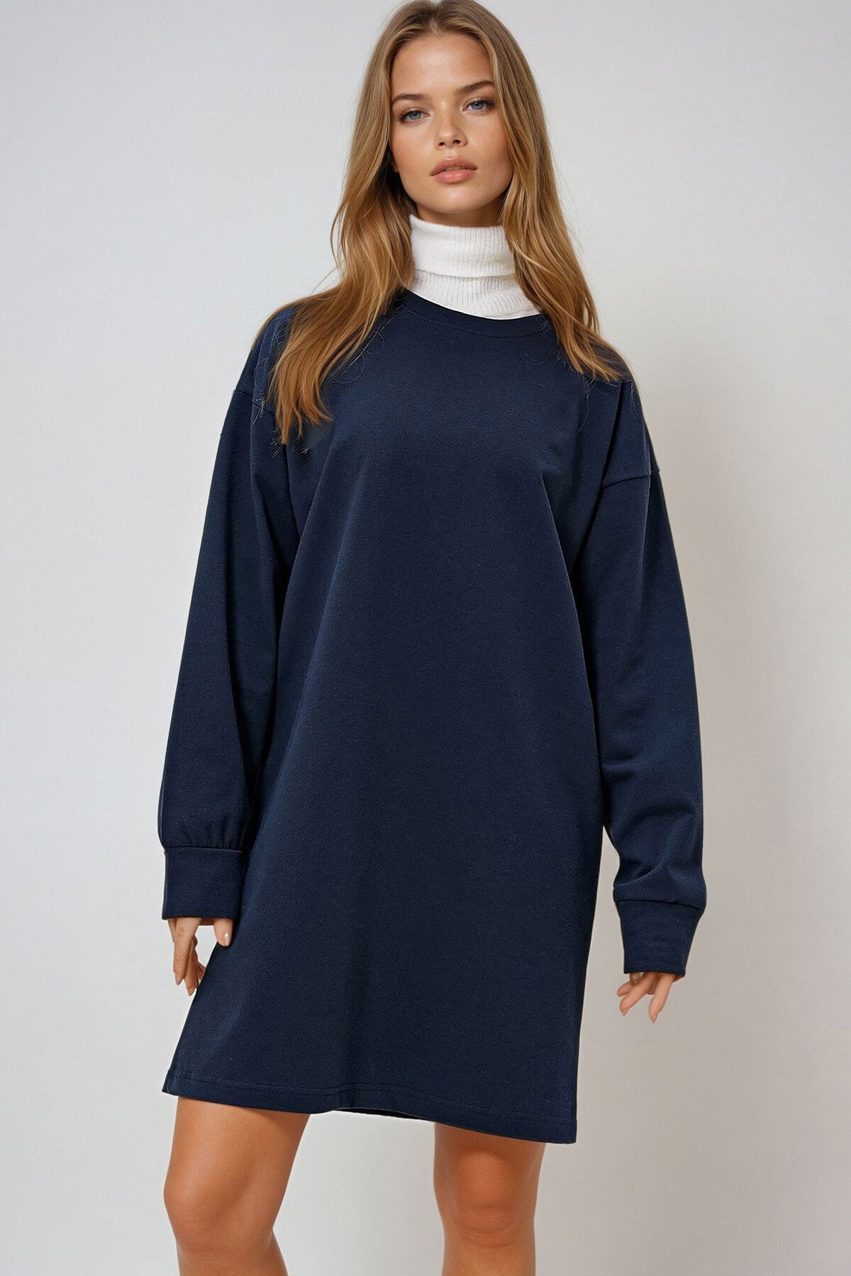 Lacivert Bisiklet Yaka Sweatshirt Elbise