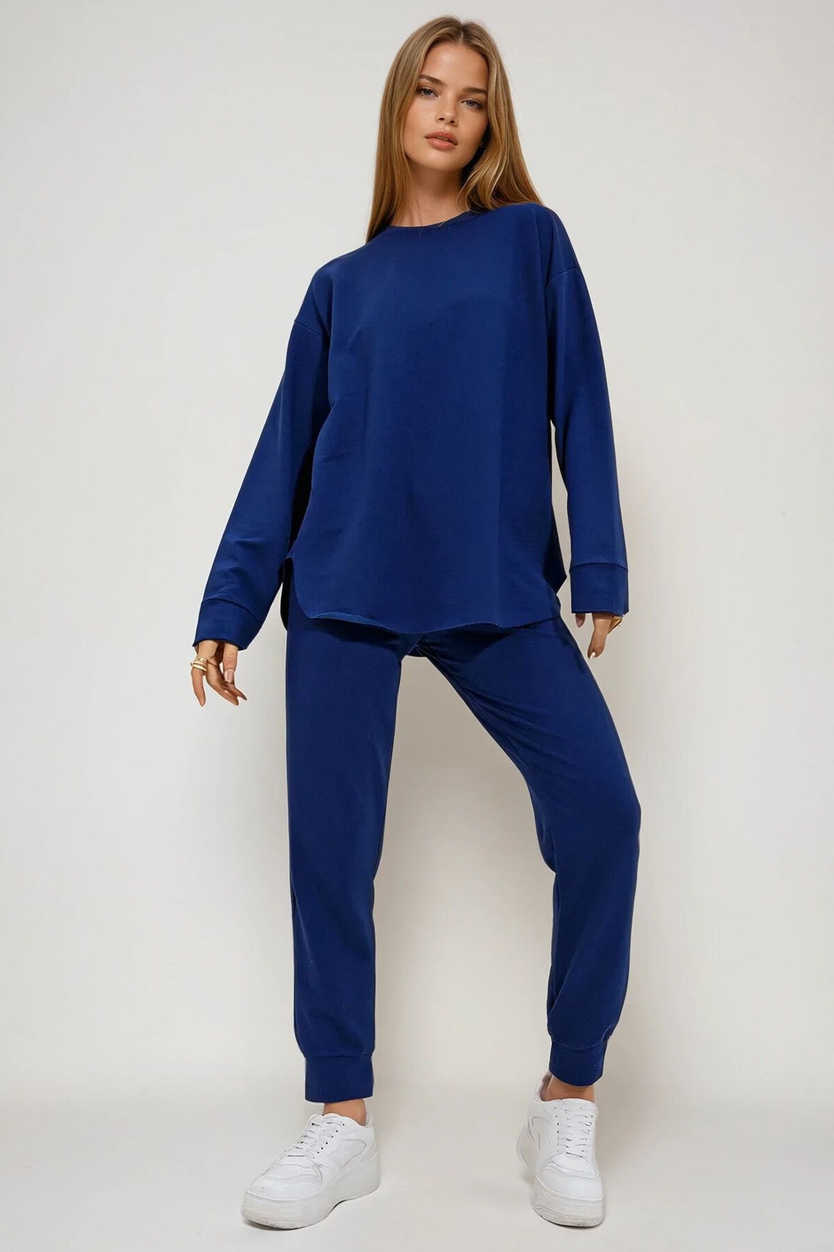 Lacivert Bisiklet Yaka Yanları Yırtmaçlı Yumuşak Dokulu Modal Eşofman Takım