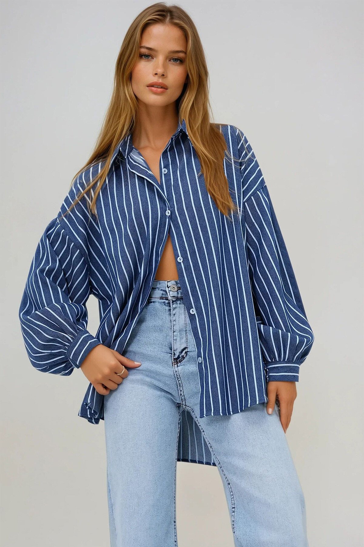 Lacivert Çizgili Oversize Poplin Gömlek