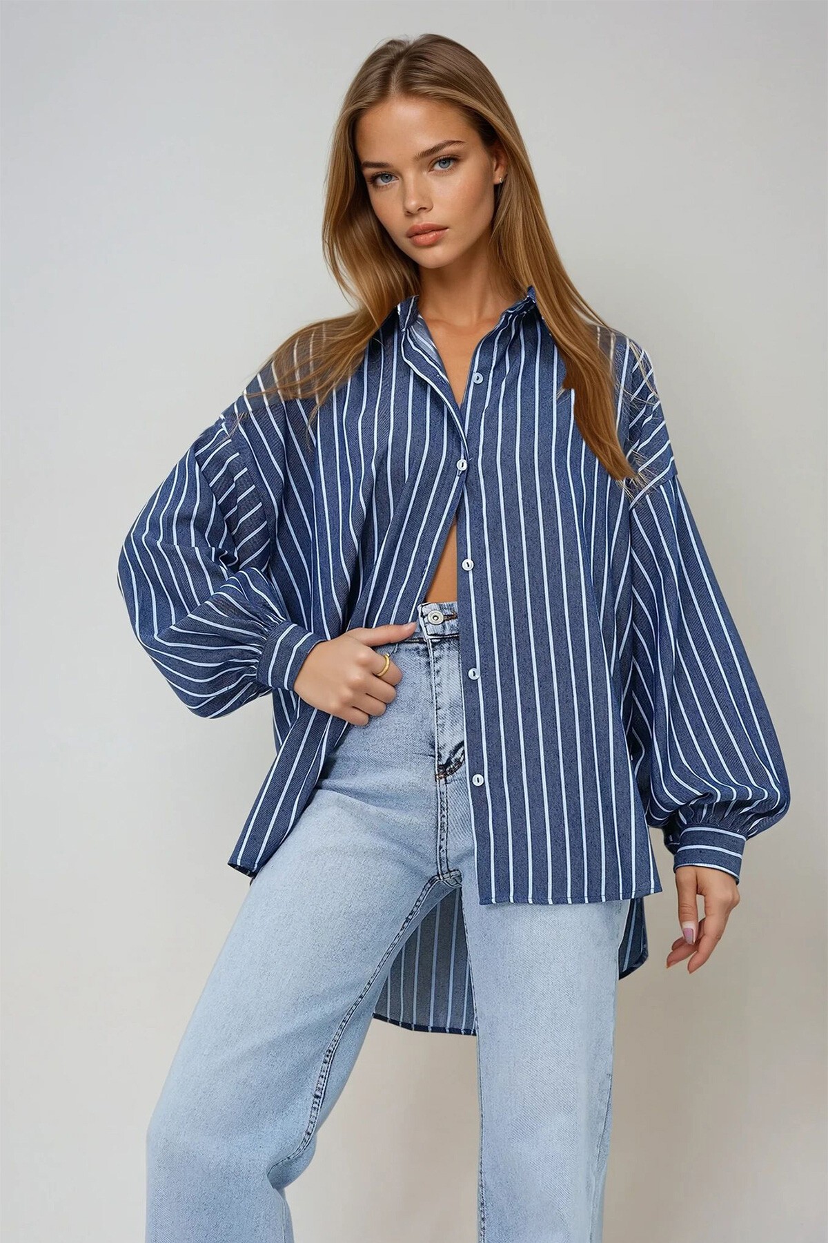 Lacivert Çizgili Oversize Poplin Gömlek