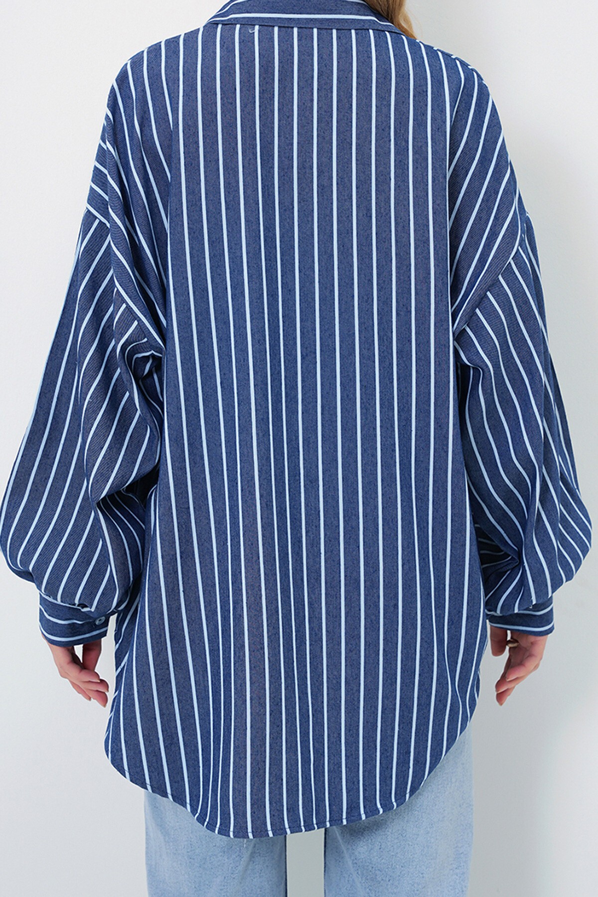 Lacivert Çizgili Oversize Poplin Gömlek