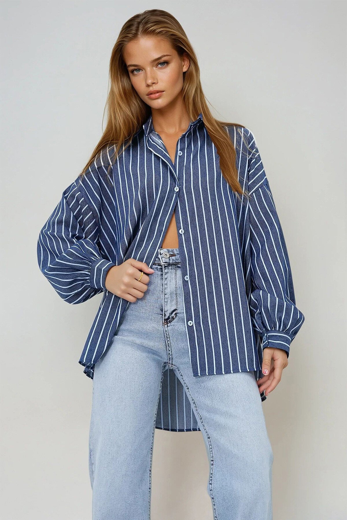 Lacivert Çizgili Oversize Poplin Gömlek