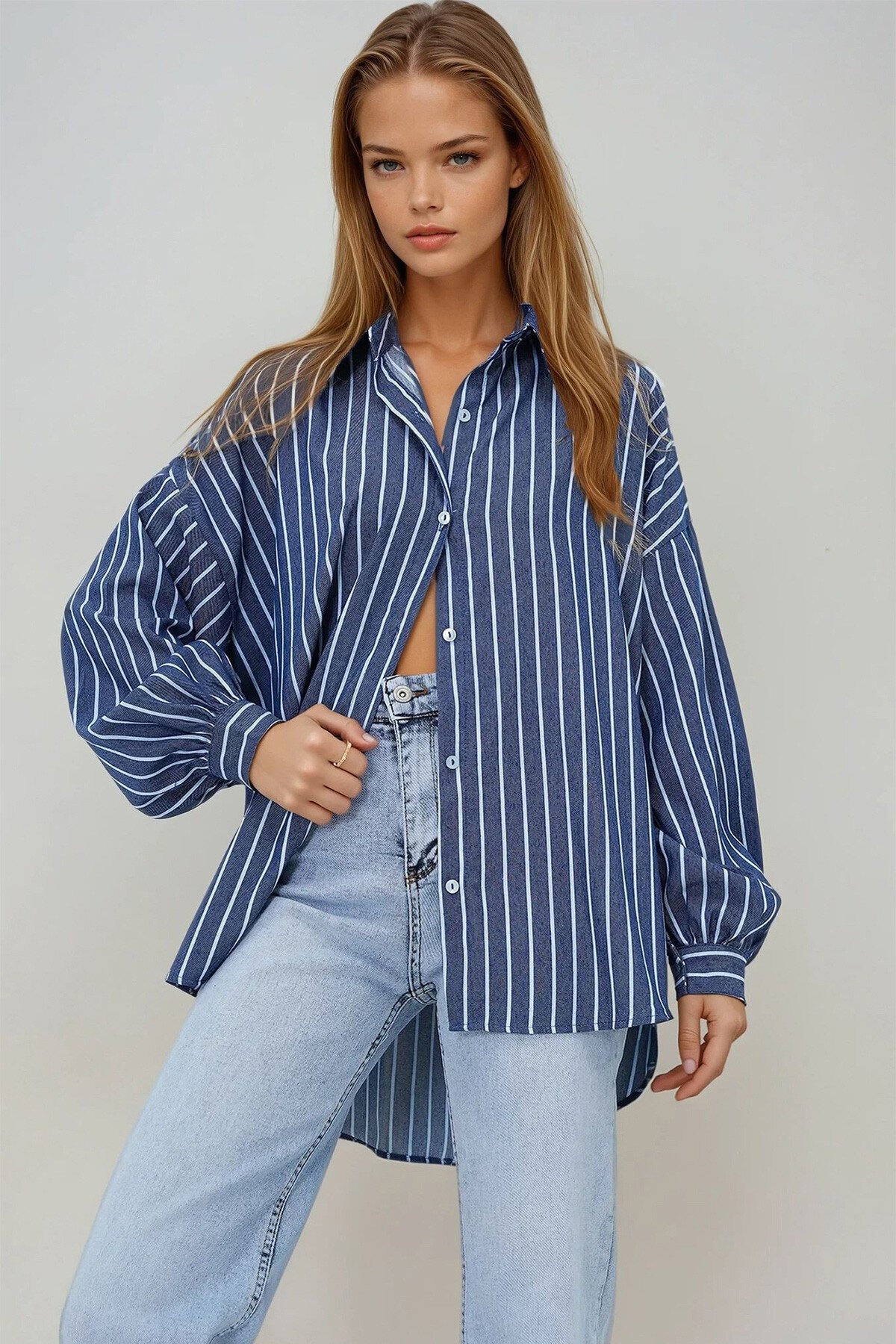 Lacivert Çizgili Oversize Poplin Gömlek