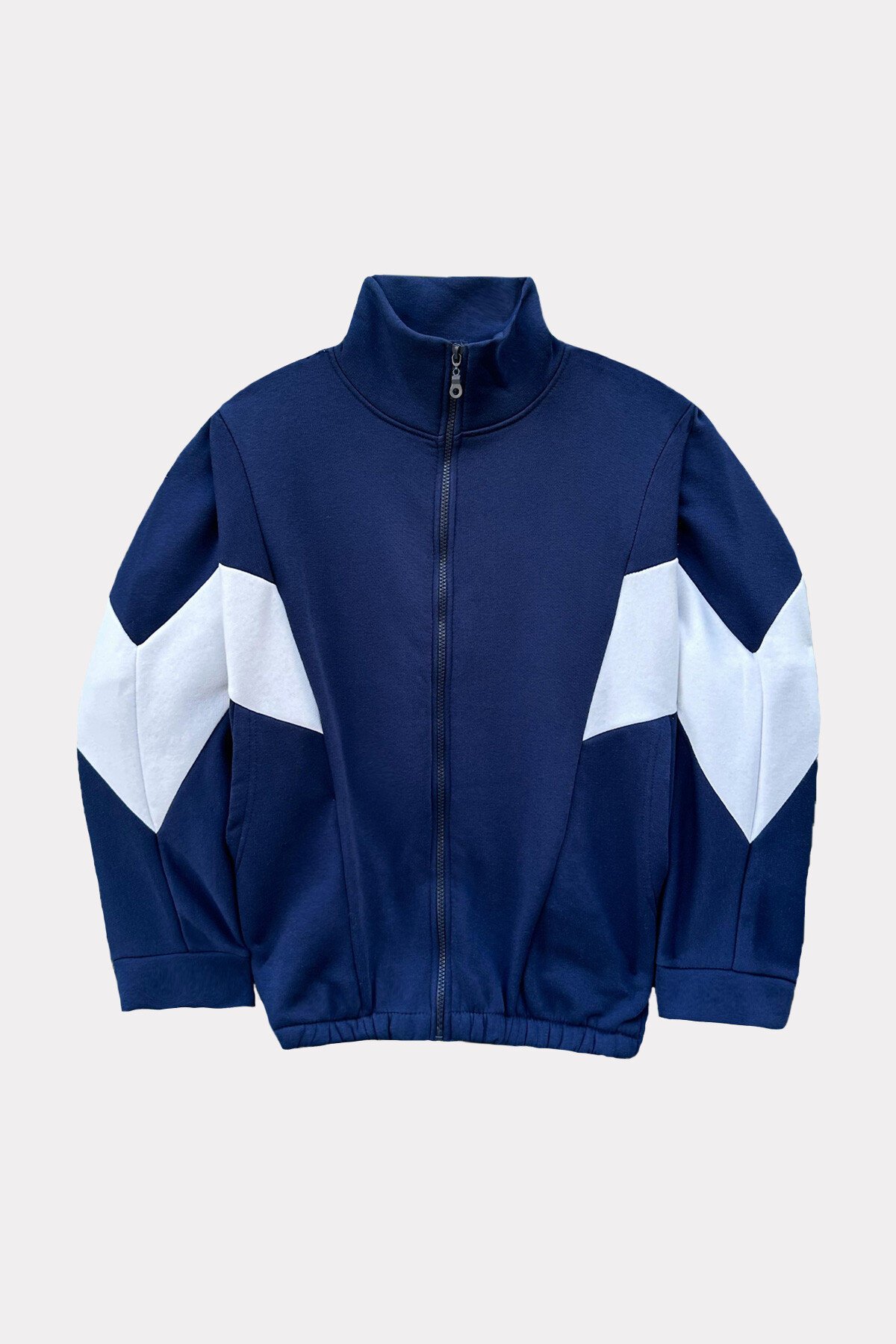 Lacivert Dik Yaka İçi Şardonlu Fermuarlı Asimetrik Baskı Detaylı Sweatshirt