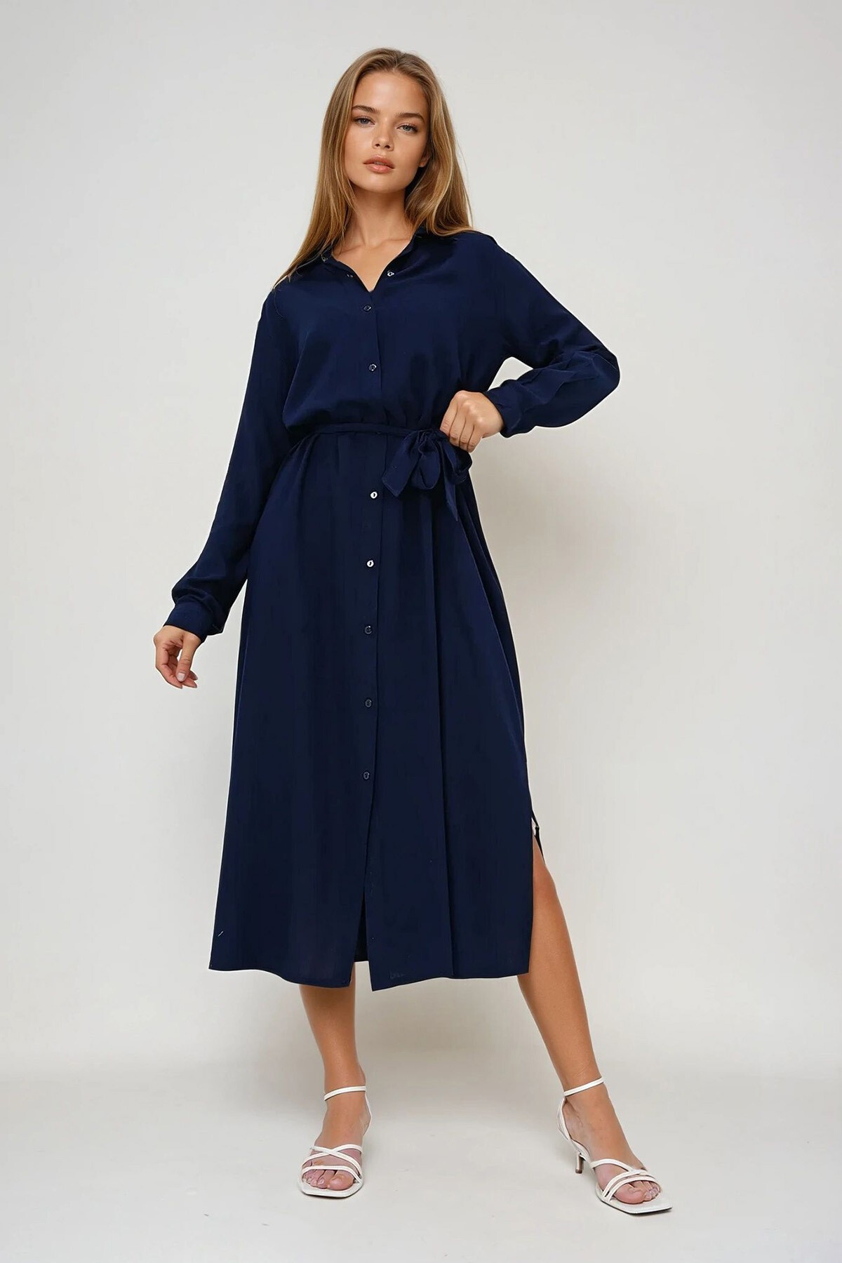 Lacivert Dokuma Viskon Gömlek Elbise
