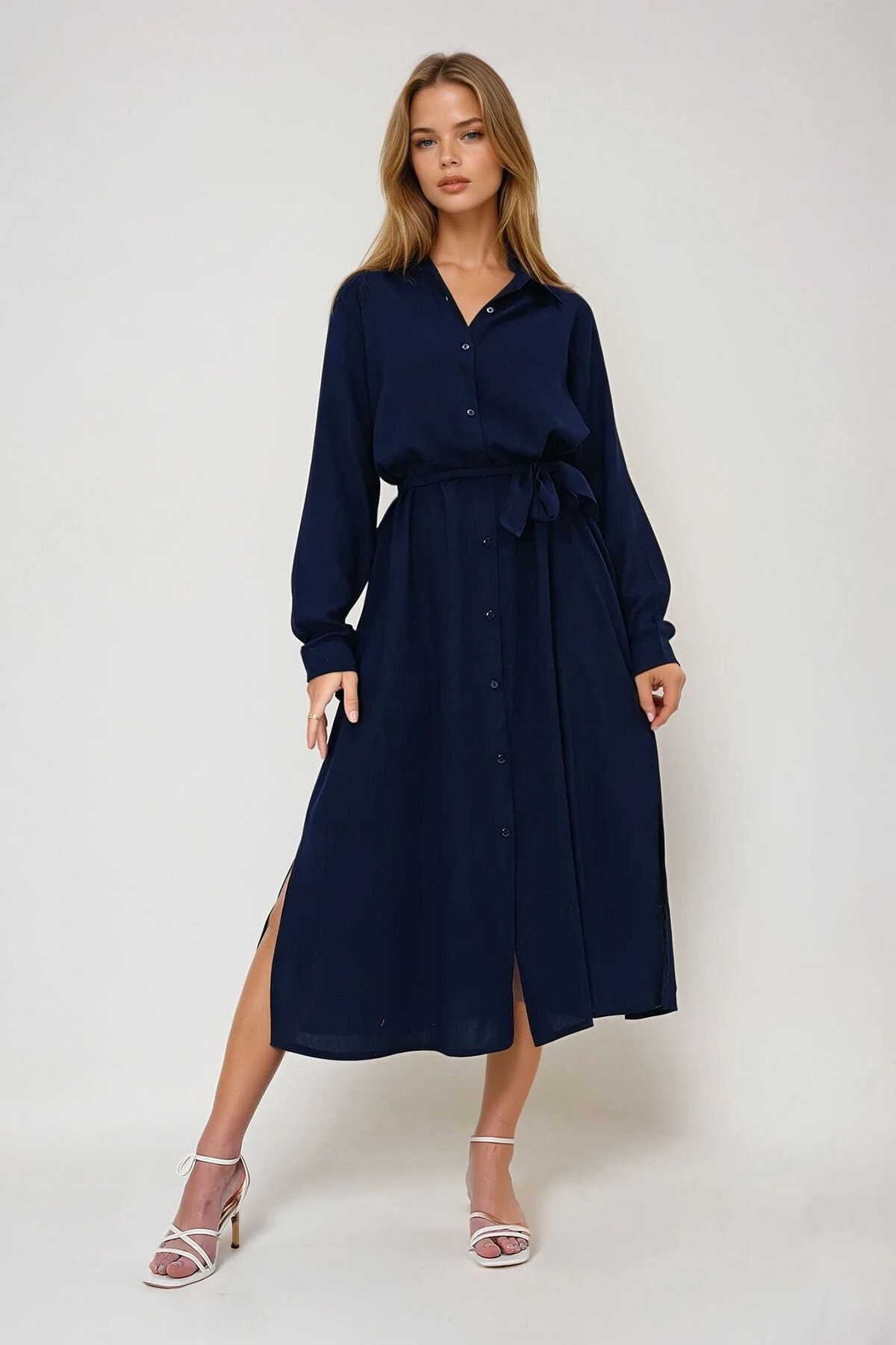 Lacivert Dokuma Viskon Gömlek Elbise