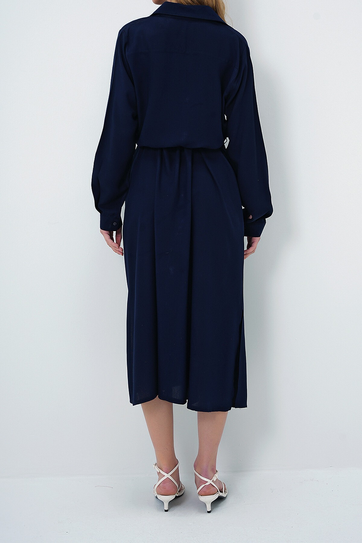 Lacivert Dokuma Viskon Gömlek Elbise