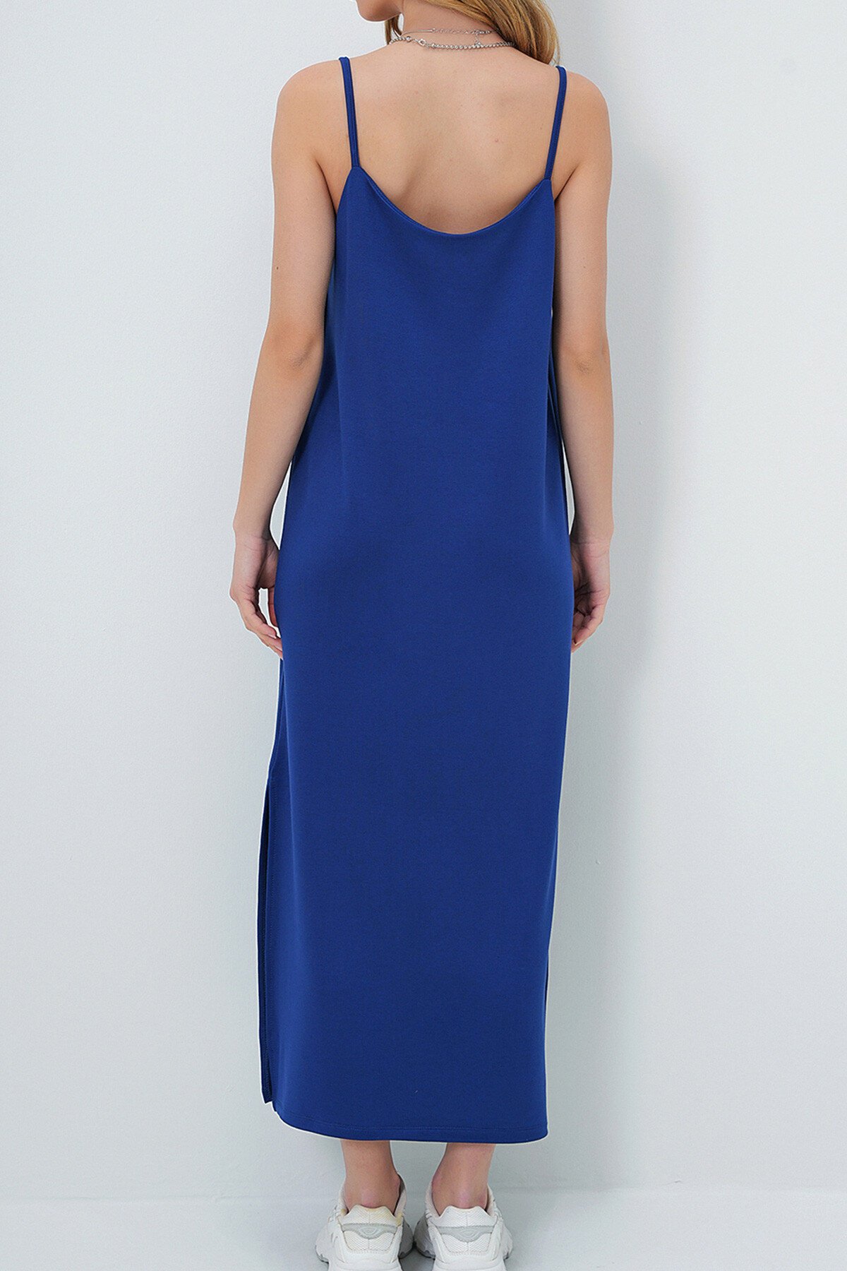 Lacivert İp Askılı Yırtmaçlı Yazlık Örme Elbise