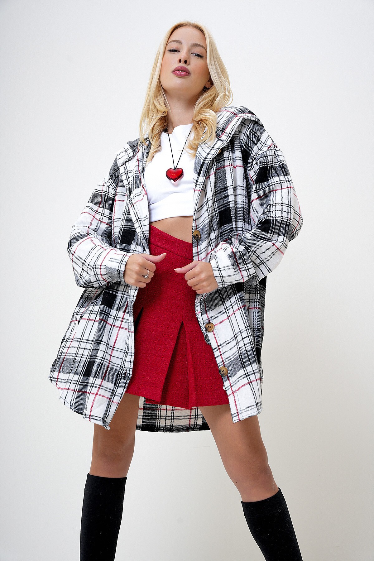 Lacivert Kapüşonlu Çift Cepli Oversize Ekoseli Uzun Gömlek