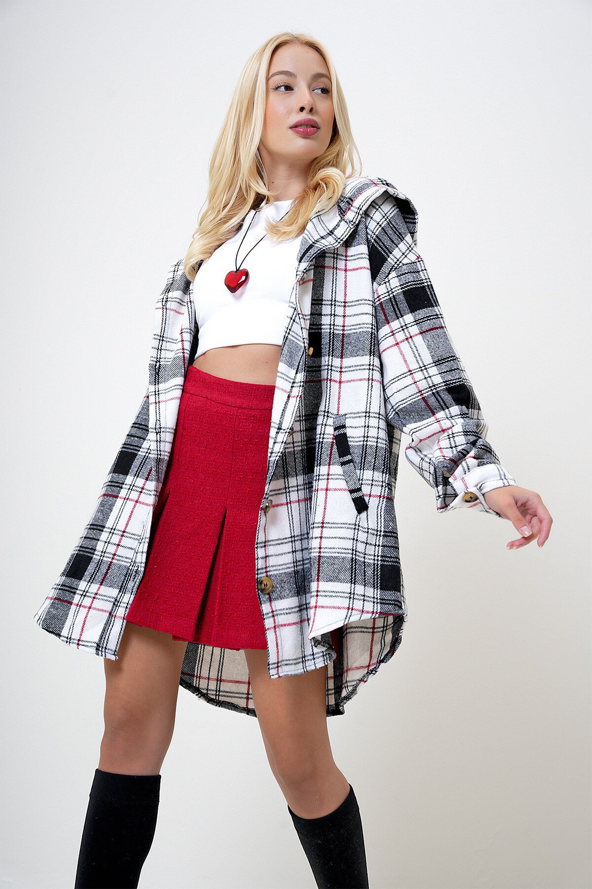 Lacivert Kapüşonlu Çift Cepli Oversize Ekoseli Uzun Gömlek