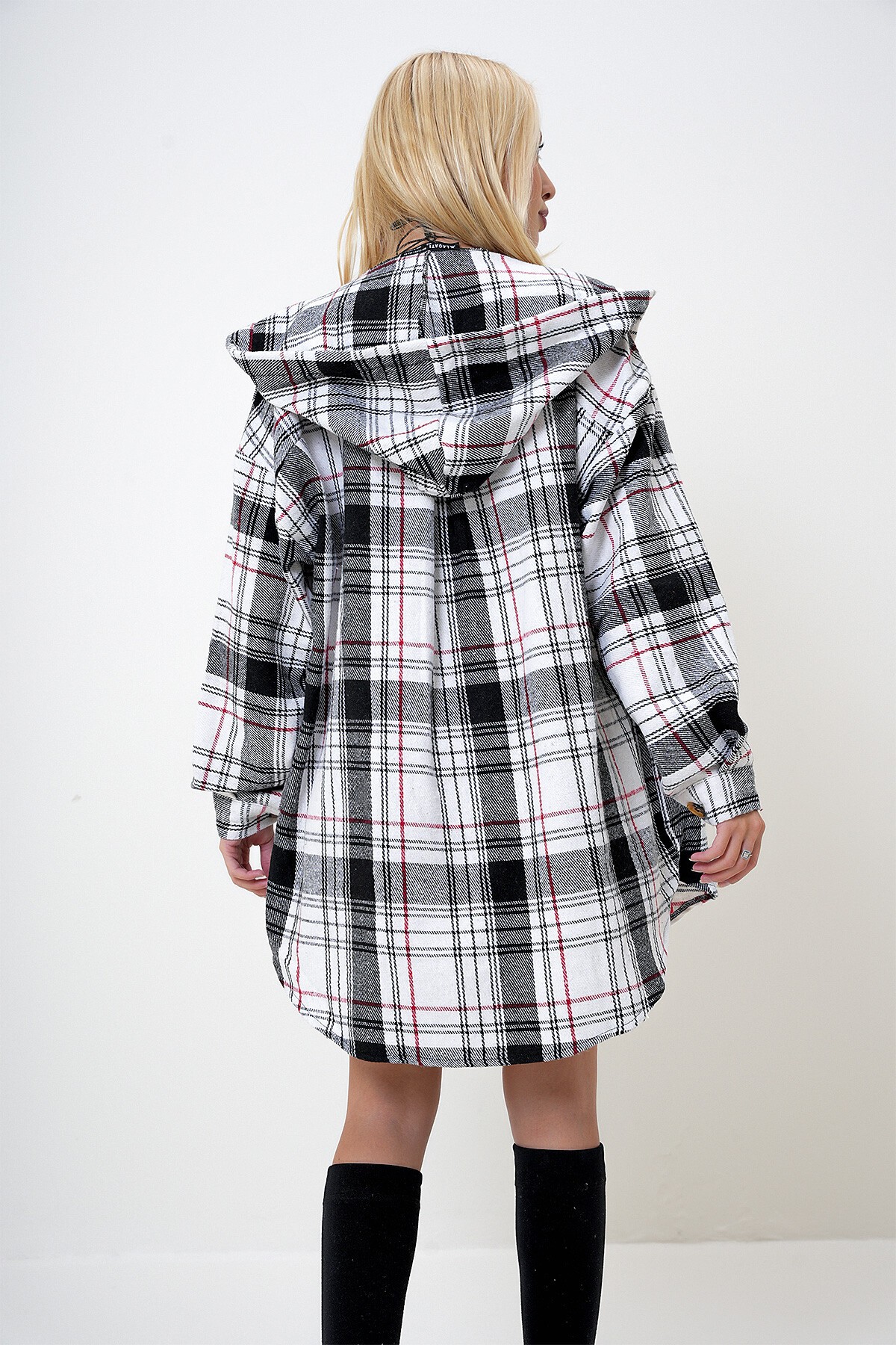 Lacivert Kapüşonlu Çift Cepli Oversize Ekoseli Uzun Gömlek