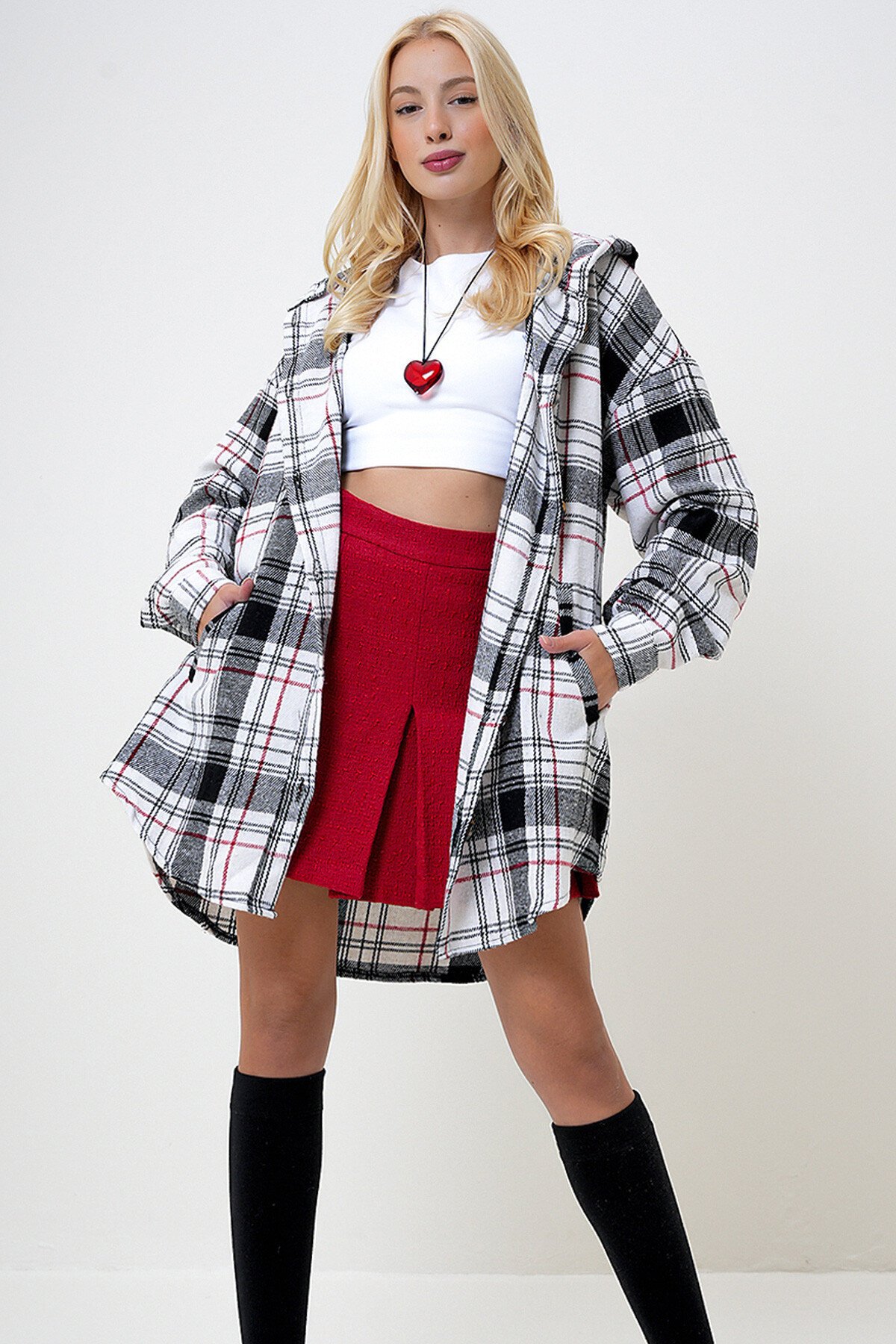 Lacivert Kapüşonlu Çift Cepli Oversize Ekoseli Uzun Gömlek