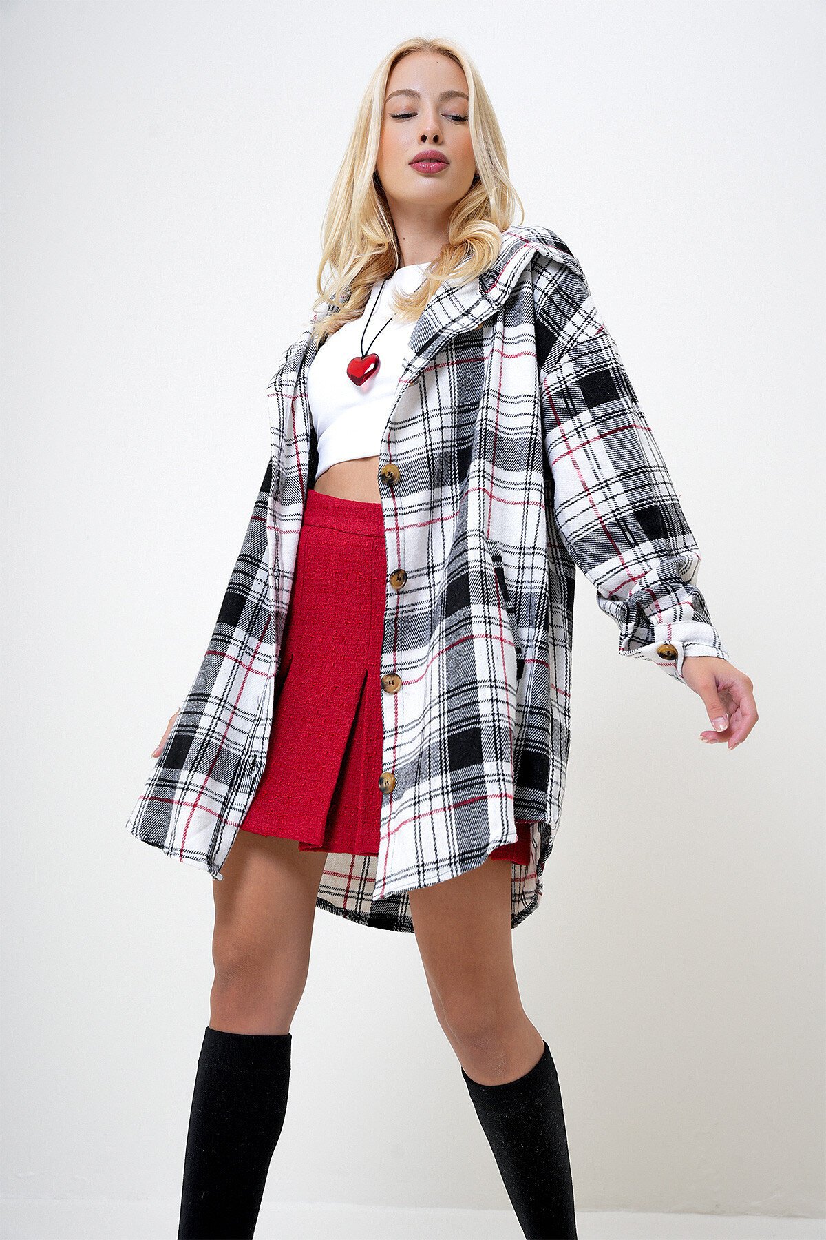 Lacivert Kapüşonlu Çift Cepli Oversize Ekoseli Uzun Gömlek