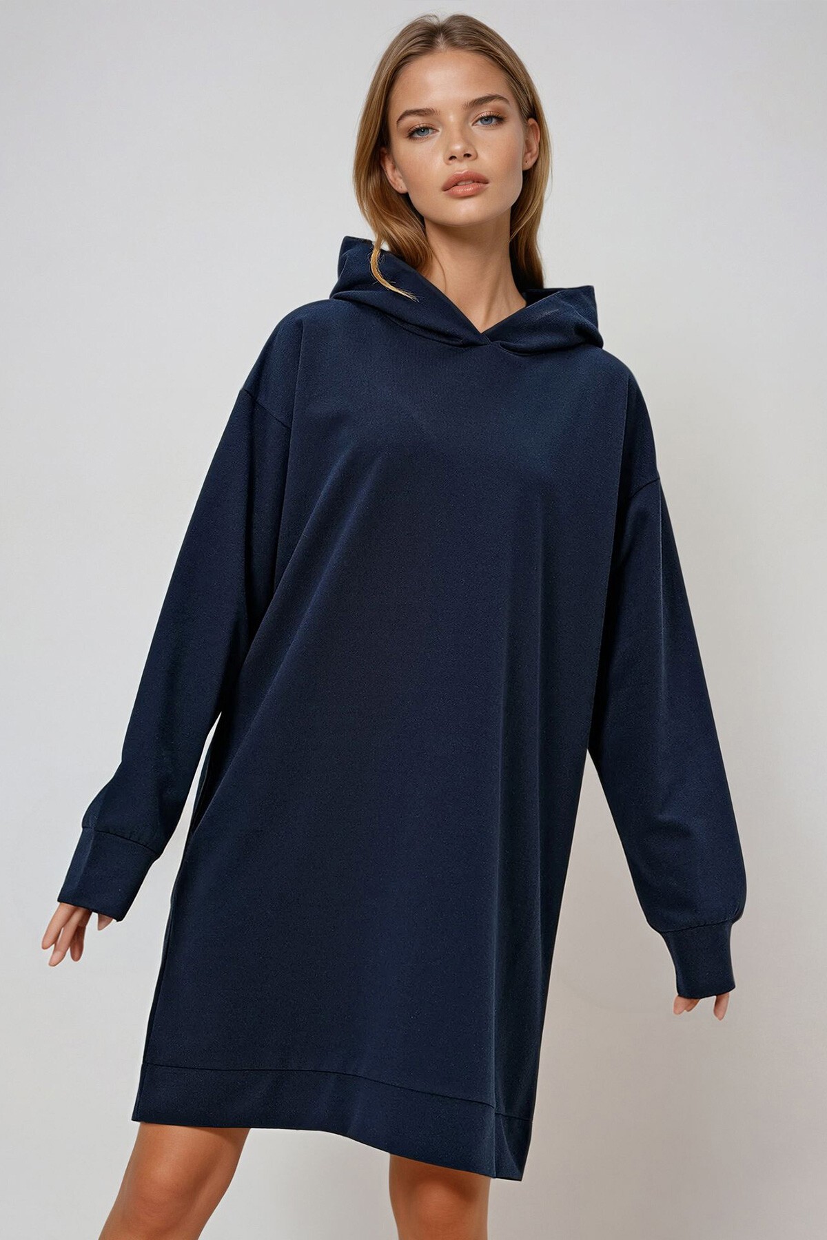 Lacivert Kapüşonlu Sweatshirt Elbise