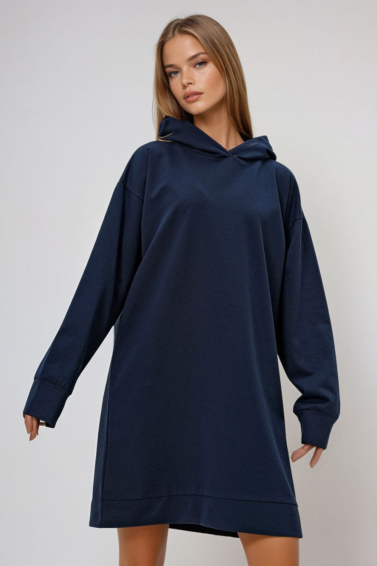 Lacivert Kapüşonlu Sweatshirt Elbise