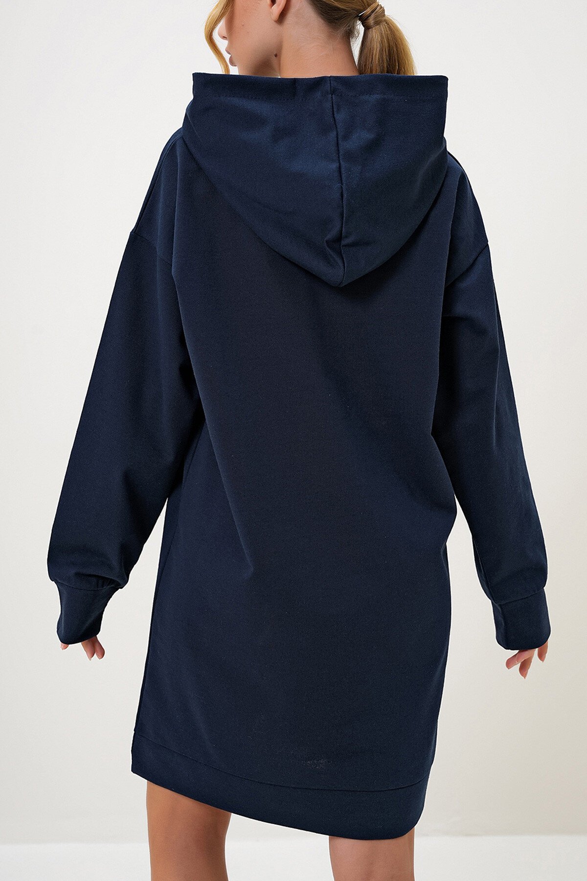 Lacivert Kapüşonlu Sweatshirt Elbise